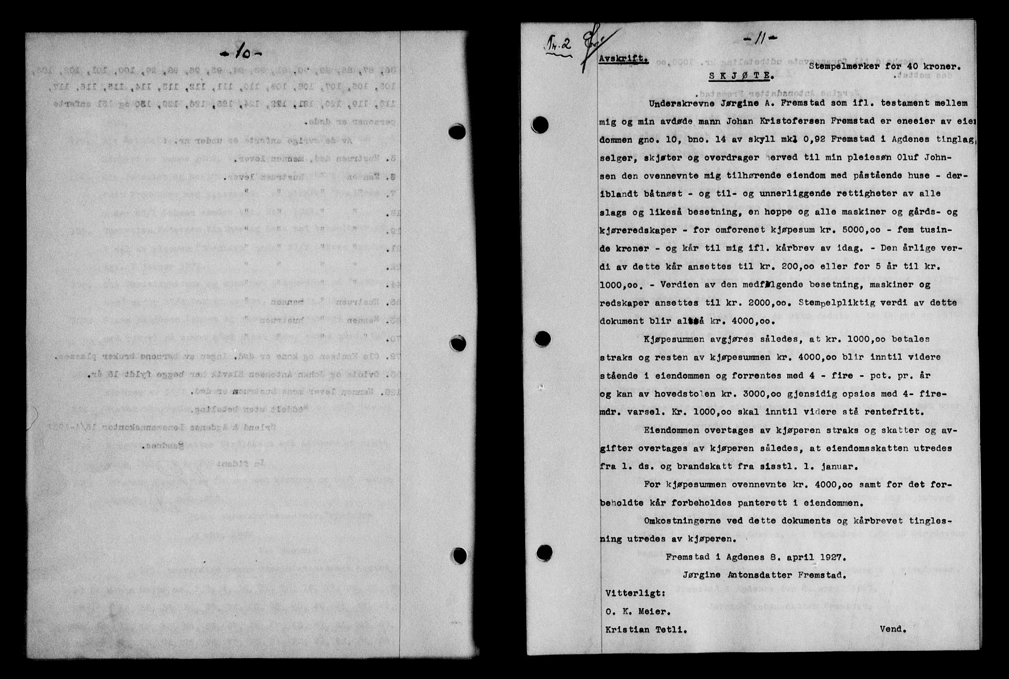 Hitra sorenskriveri, AV/SAT-A-0018/2/2C/2Ca/L0008: Mortgage book no. 8, 1927-1927, p. 10-11