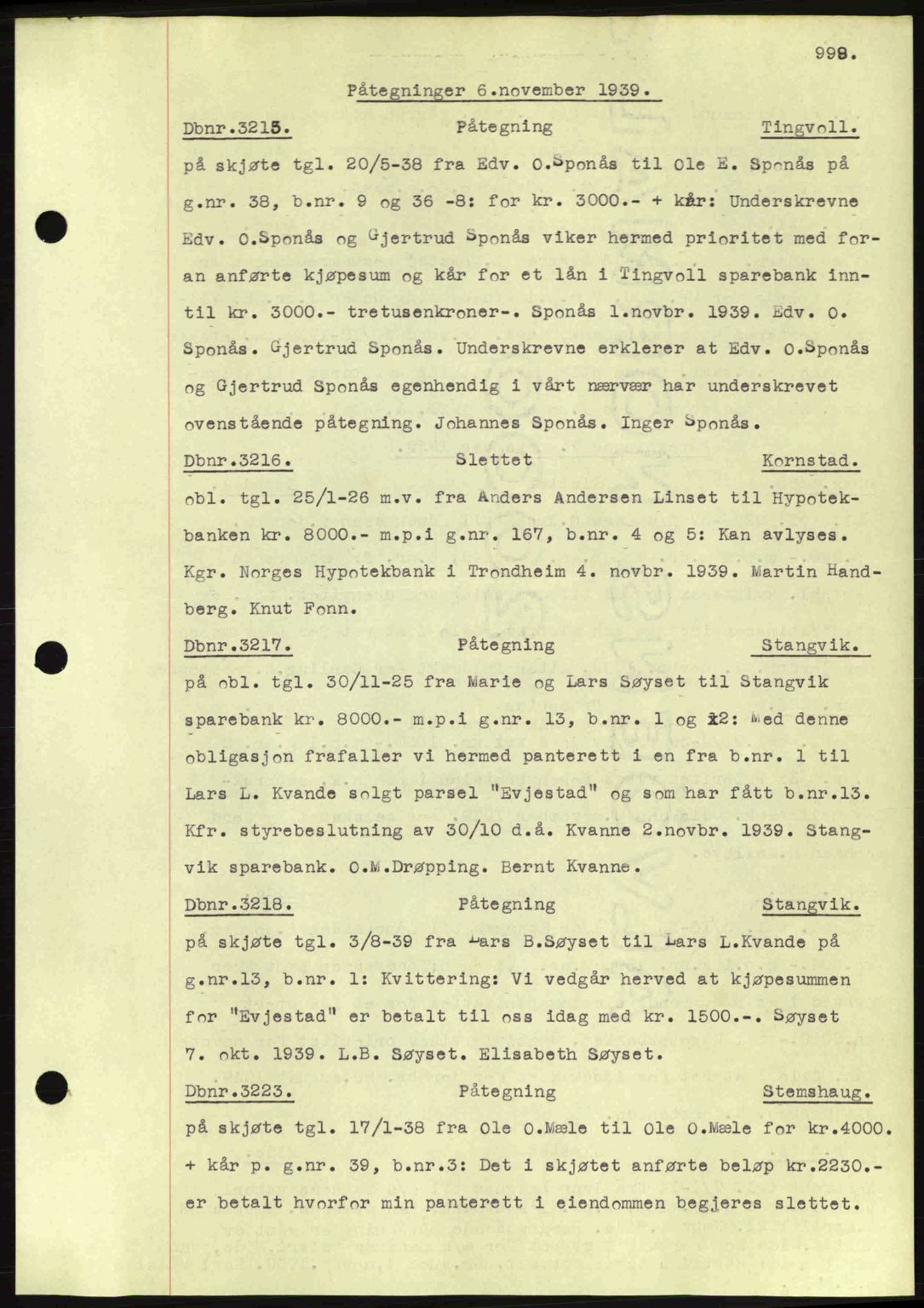 Nordmøre sorenskriveri, AV/SAT-A-4132/1/2/2Ca: Mortgage book no. C80, 1936-1939, Diary no: : 3215/1939