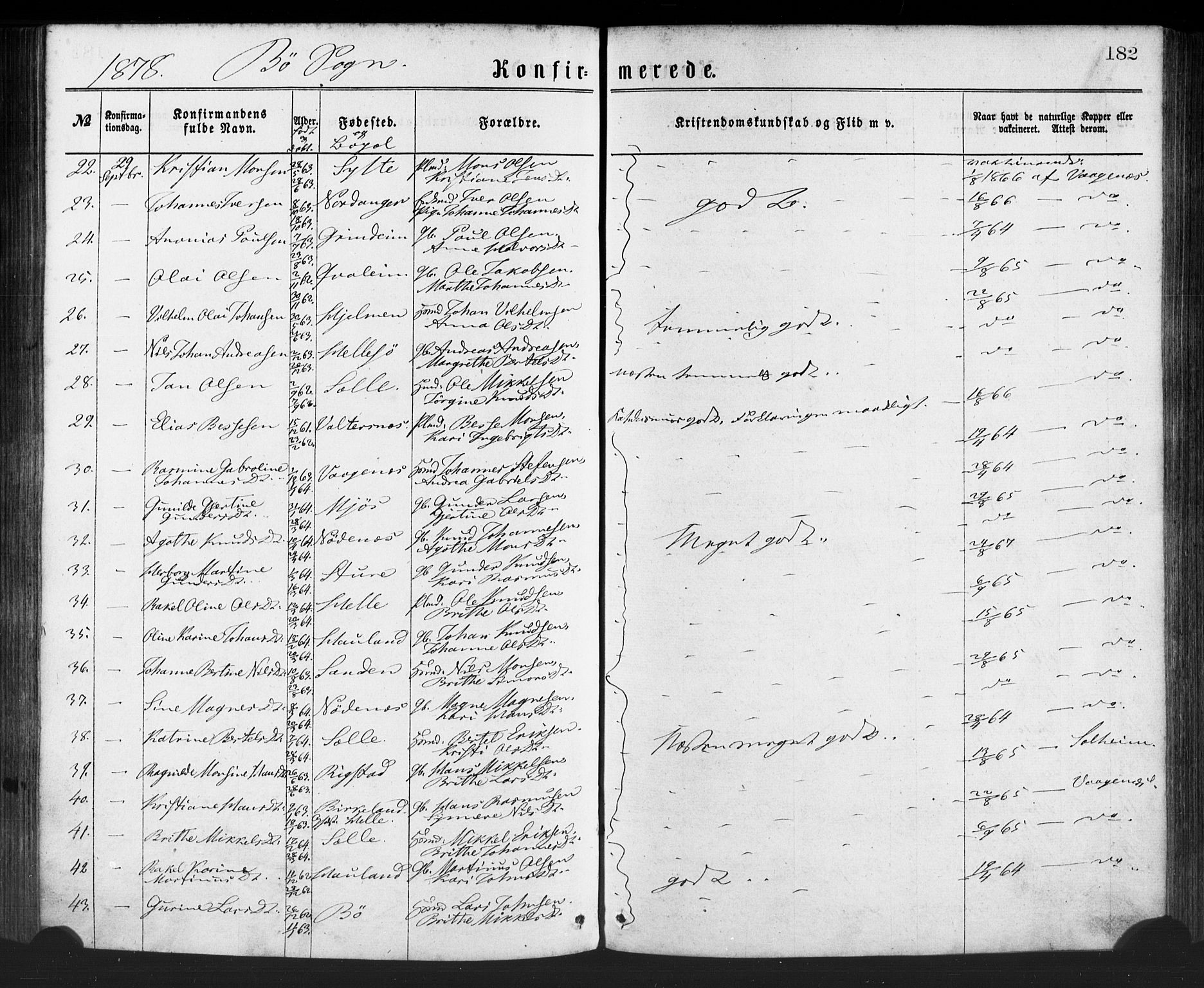 Manger sokneprestembete, AV/SAB-A-76801/H/Haa: Parish register (official) no. A 8, 1871-1880, p. 182