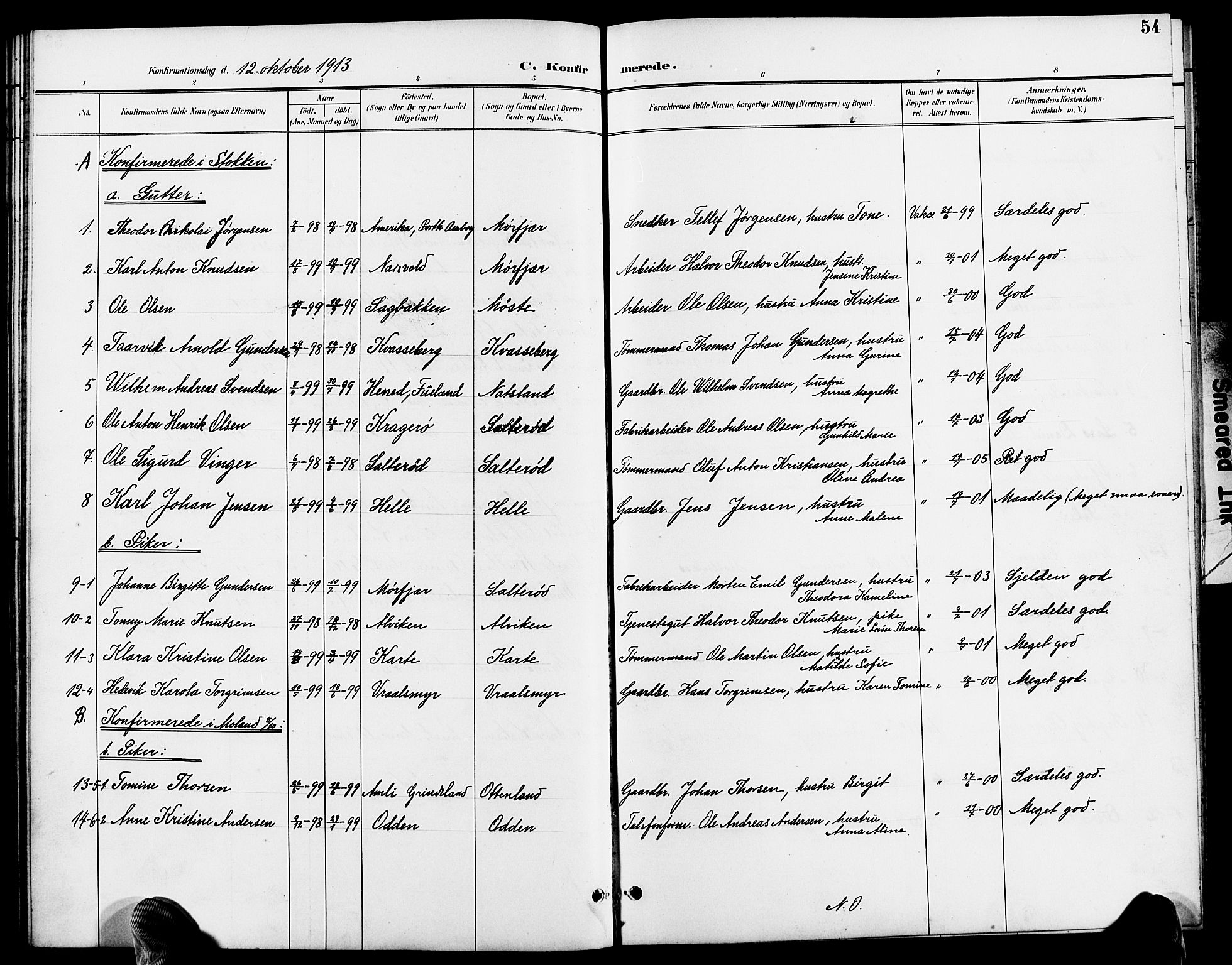 Austre Moland sokneprestkontor, AV/SAK-1111-0001/F/Fb/Fbb/L0002: Parish register (copy) no. B 2, 1894-1918, p. 54