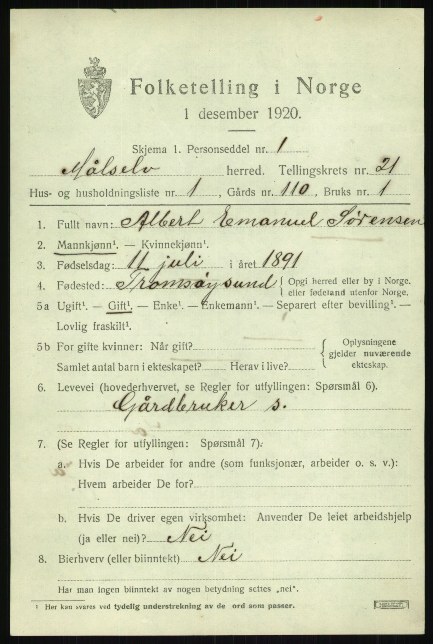 SATØ, 1920 census for Målselv, 1920, p. 9685