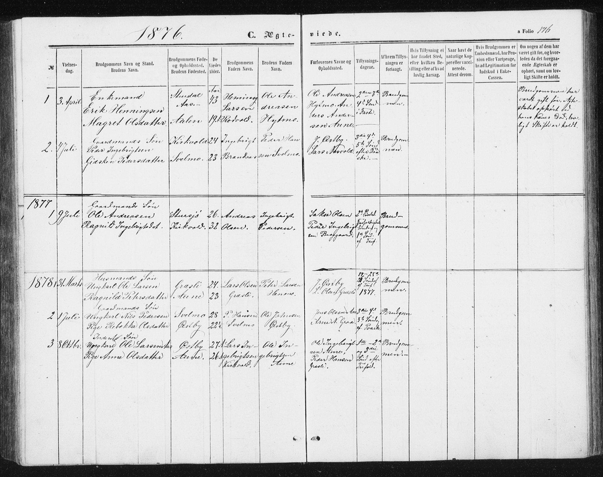 Ministerialprotokoller, klokkerbøker og fødselsregistre - Sør-Trøndelag, SAT/A-1456/698/L1166: Parish register (copy) no. 698C03, 1861-1887, p. 176