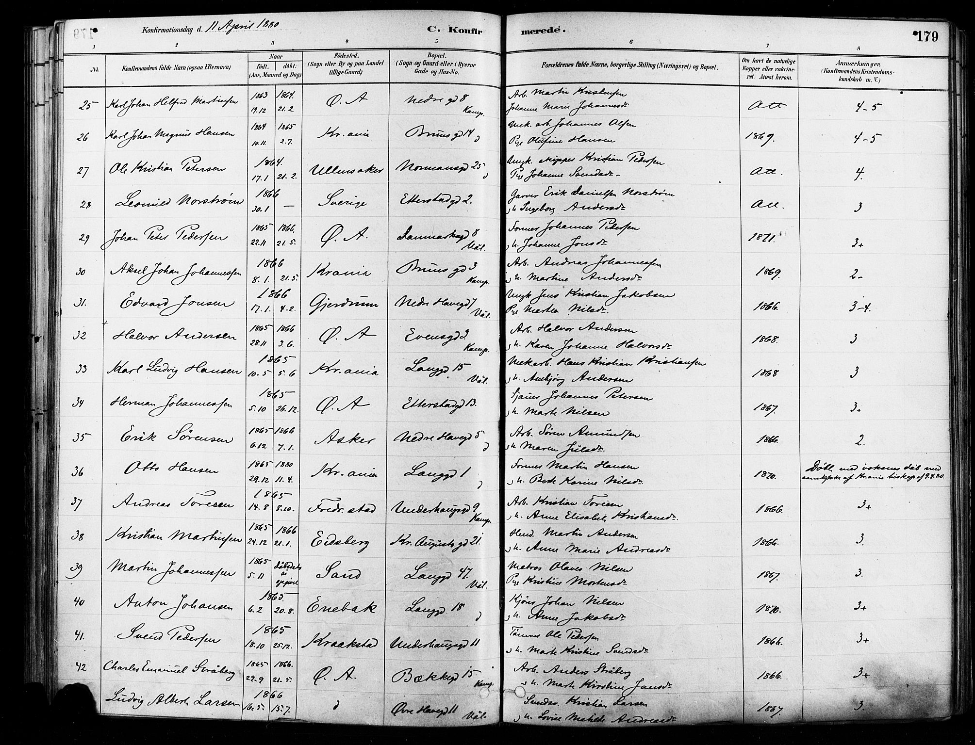 Østre Aker prestekontor Kirkebøker, AV/SAO-A-10840/F/Fa/L0006: Parish register (official) no. I 5, 1879-1882, p. 179