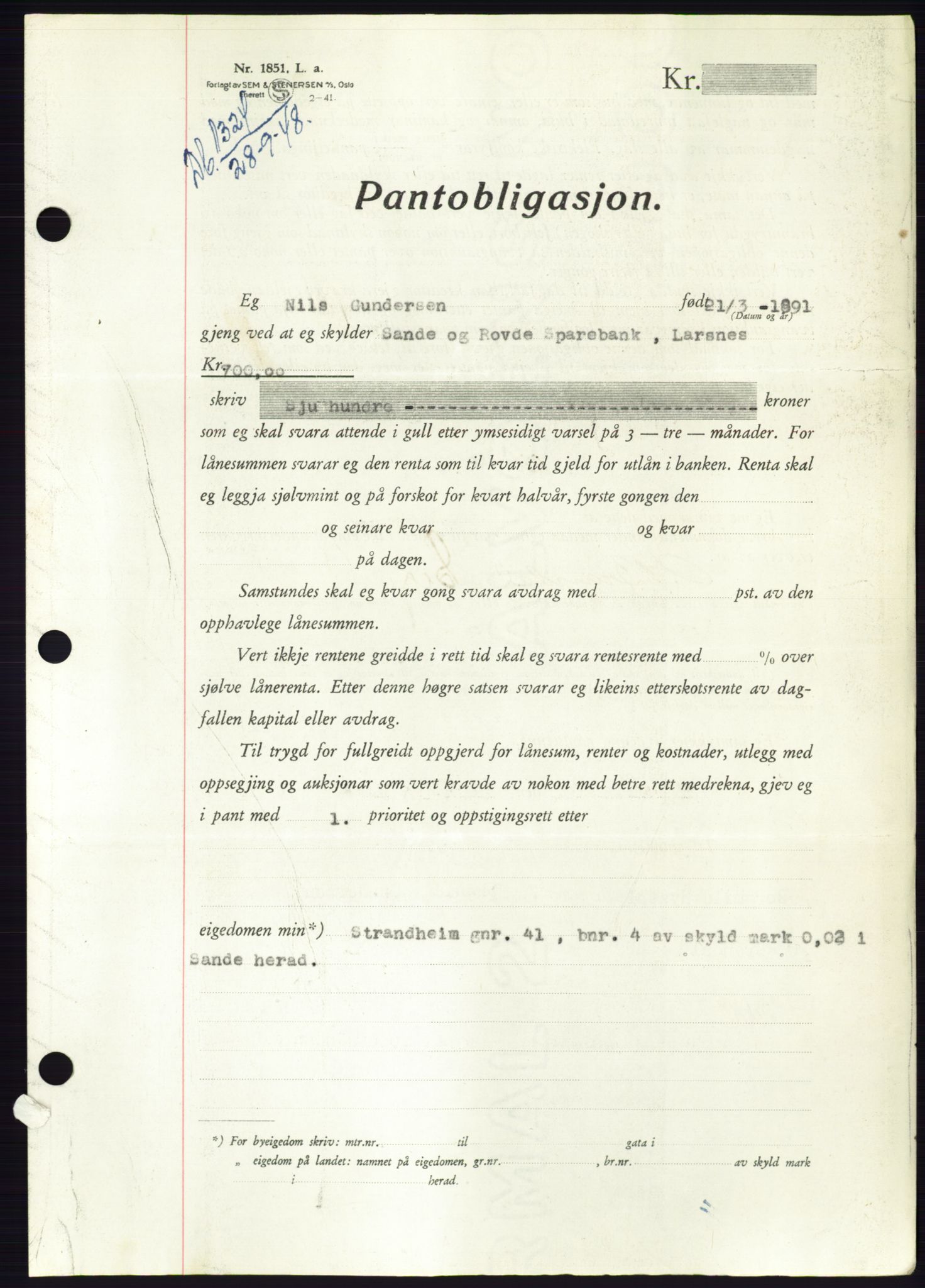 Søre Sunnmøre sorenskriveri, AV/SAT-A-4122/1/2/2C/L0116: Mortgage book no. 4B, 1948-1949, Diary no: : 1324/1948