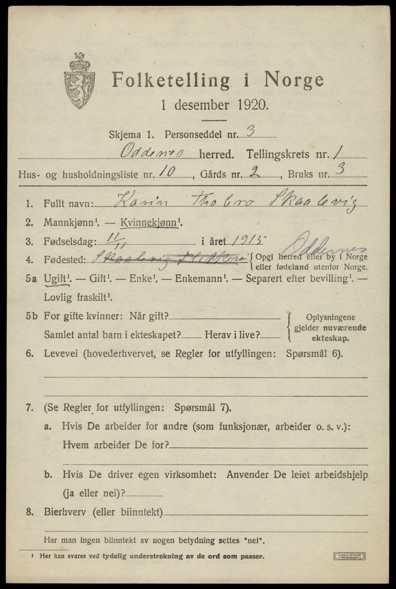 SAK, 1920 census for Oddernes, 1920, p. 2135