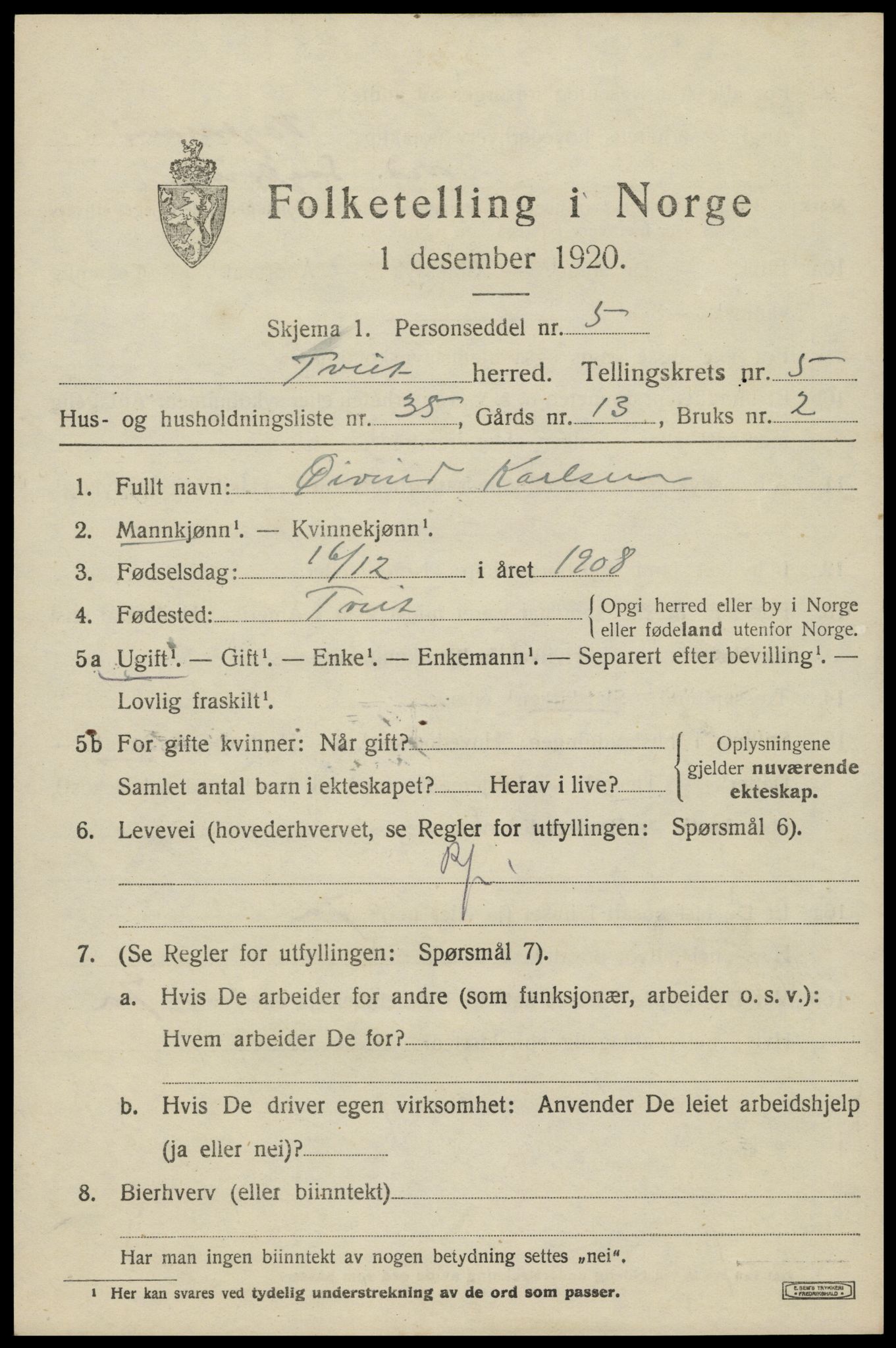 SAK, 1920 census for Tveit, 1920, p. 2756