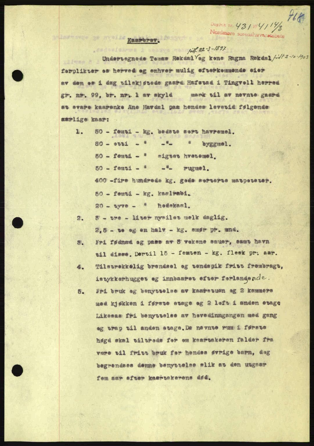 Nordmøre sorenskriveri, AV/SAT-A-4132/1/2/2Ca: Mortgage book no. B87, 1940-1941, Diary no: : 431/1941