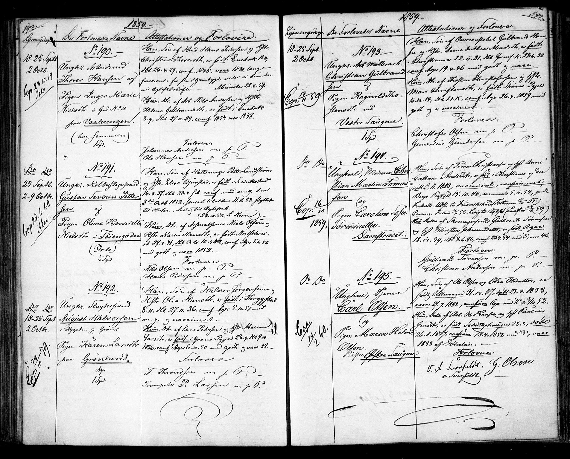 Aker prestekontor kirkebøker, SAO/A-10861/H/L0005: Banns register no. 5, 1853-1864, p. 592-593