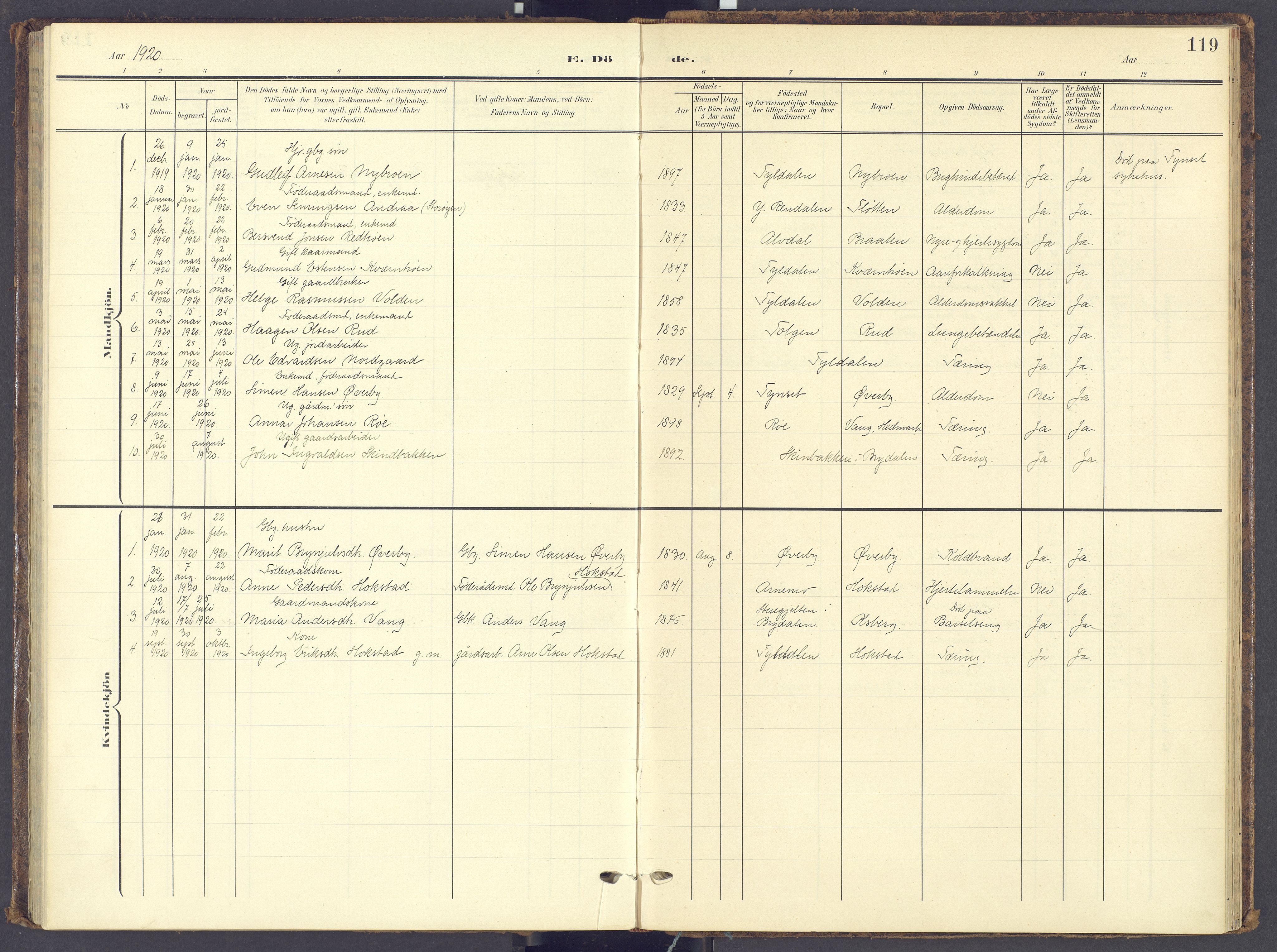 Tynset prestekontor, SAH/PREST-058/H/Ha/Haa/L0028: Parish register (official) no. 28, 1902-1929, p. 119