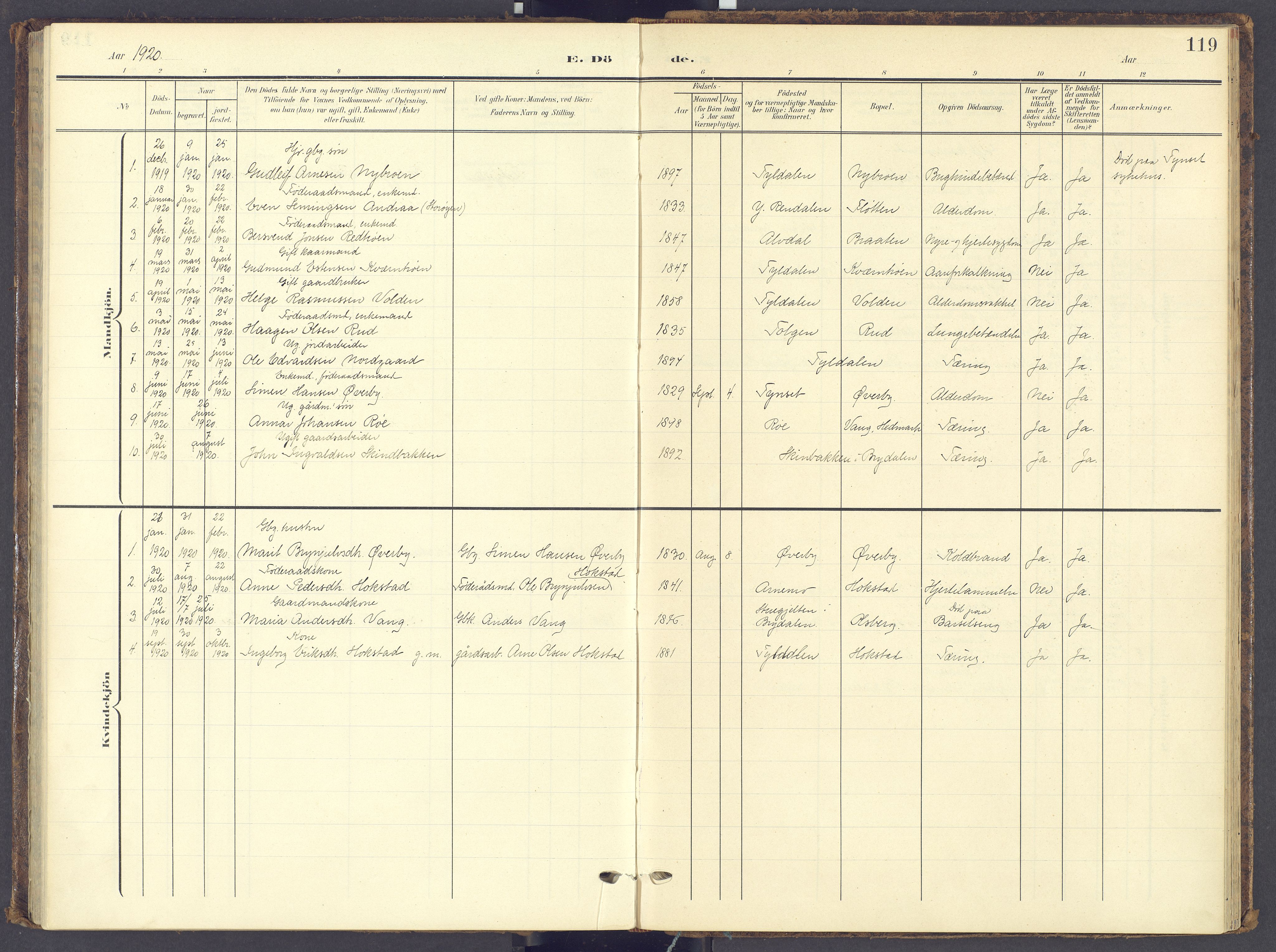 Tynset prestekontor, AV/SAH-PREST-058/H/Ha/Haa/L0028: Parish register (official) no. 28, 1902-1929, p. 119