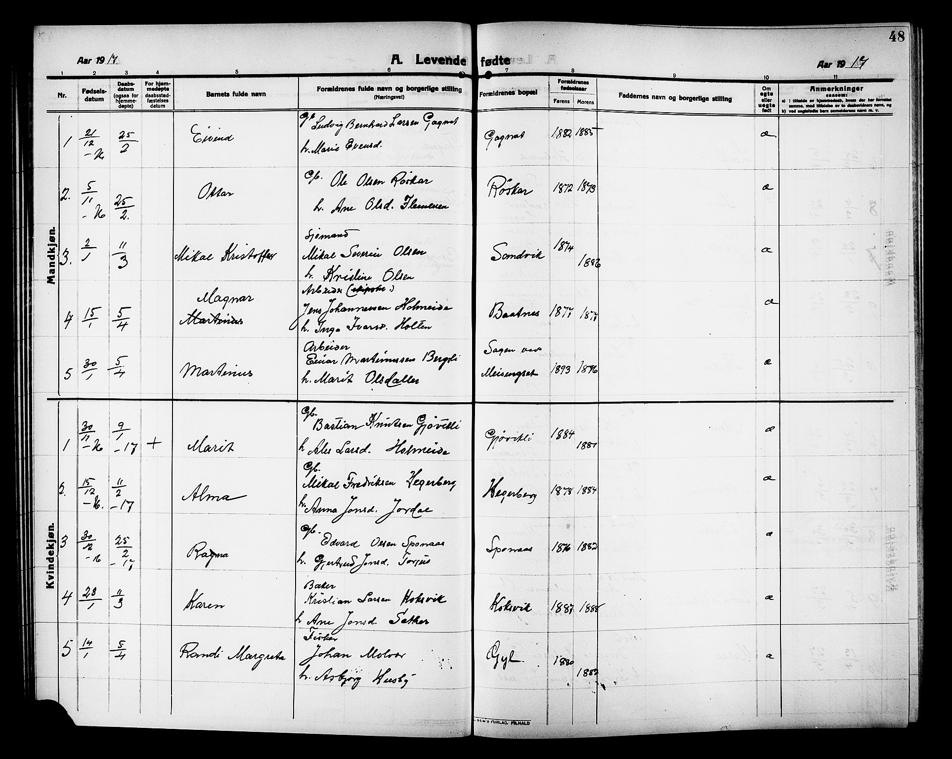 Ministerialprotokoller, klokkerbøker og fødselsregistre - Møre og Romsdal, AV/SAT-A-1454/586/L0993: Parish register (copy) no. 586C04, 1910-1918, p. 48