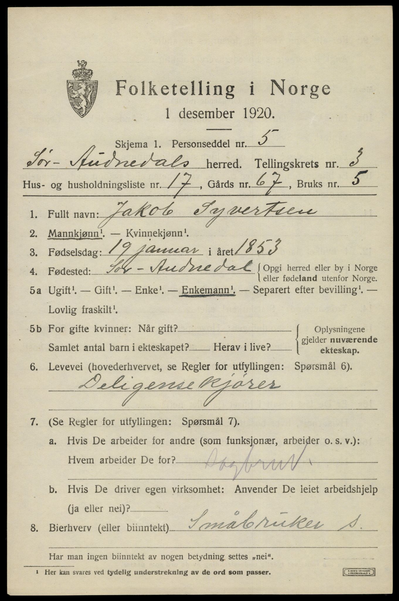 SAK, 1920 census for Sør-Audnedal, 1920, p. 1963