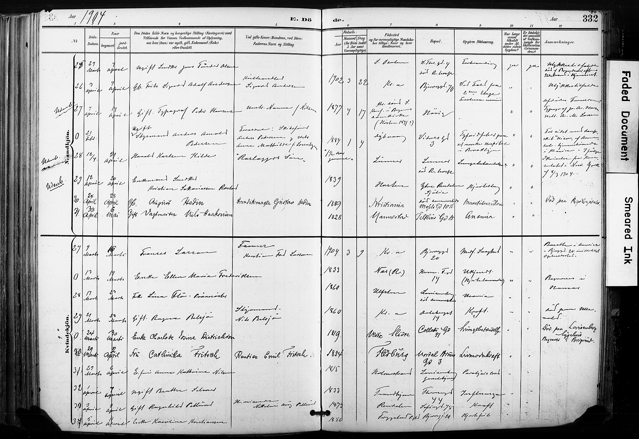 Gamle Aker prestekontor Kirkebøker, AV/SAO-A-10617a/F/L0013: Parish register (official) no. 13, 1901-1908, p. 332