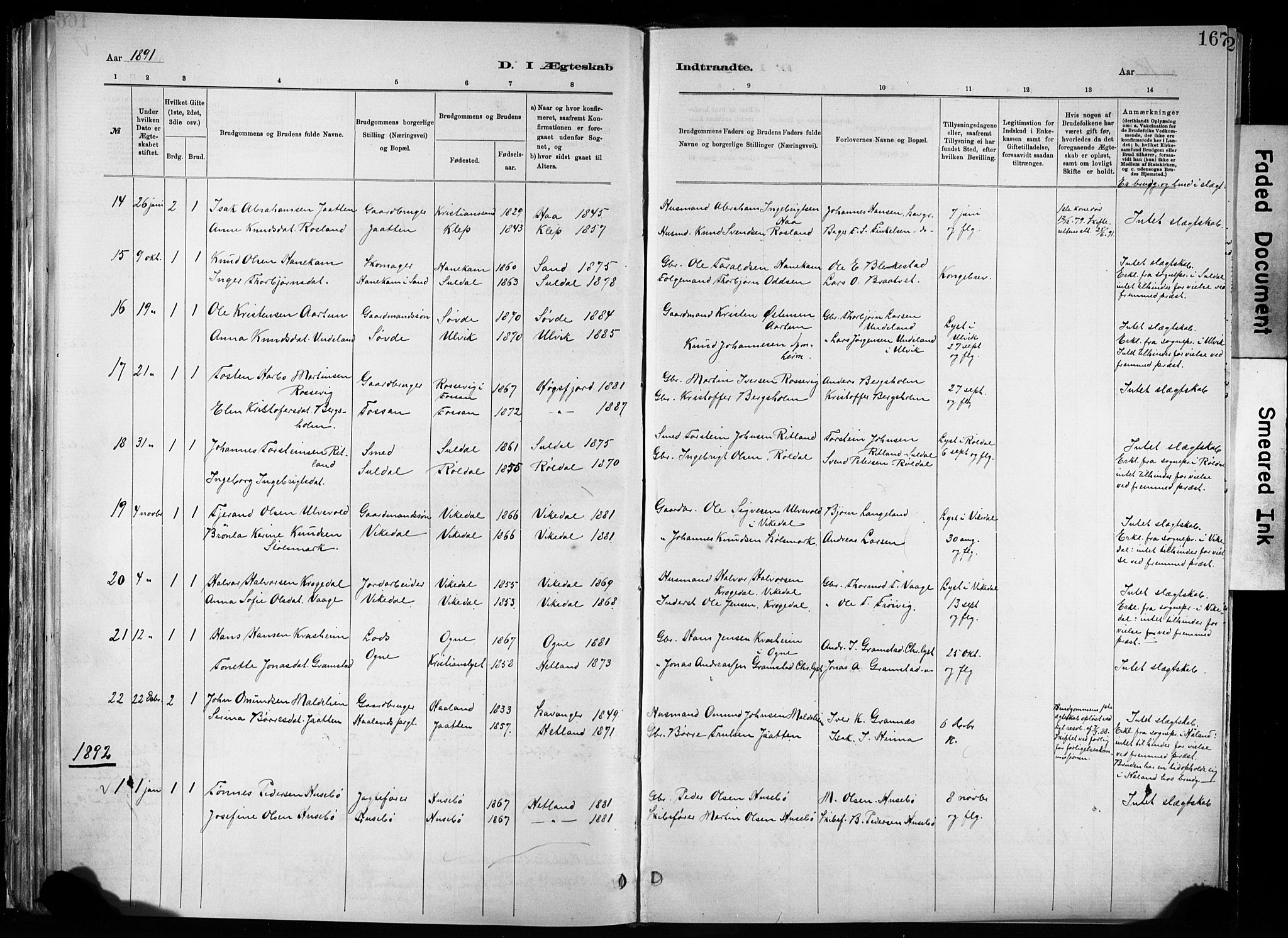 Hetland sokneprestkontor, SAST/A-101826/30/30BA/L0011: Parish register (official) no. A 11, 1884-1911, p. 167