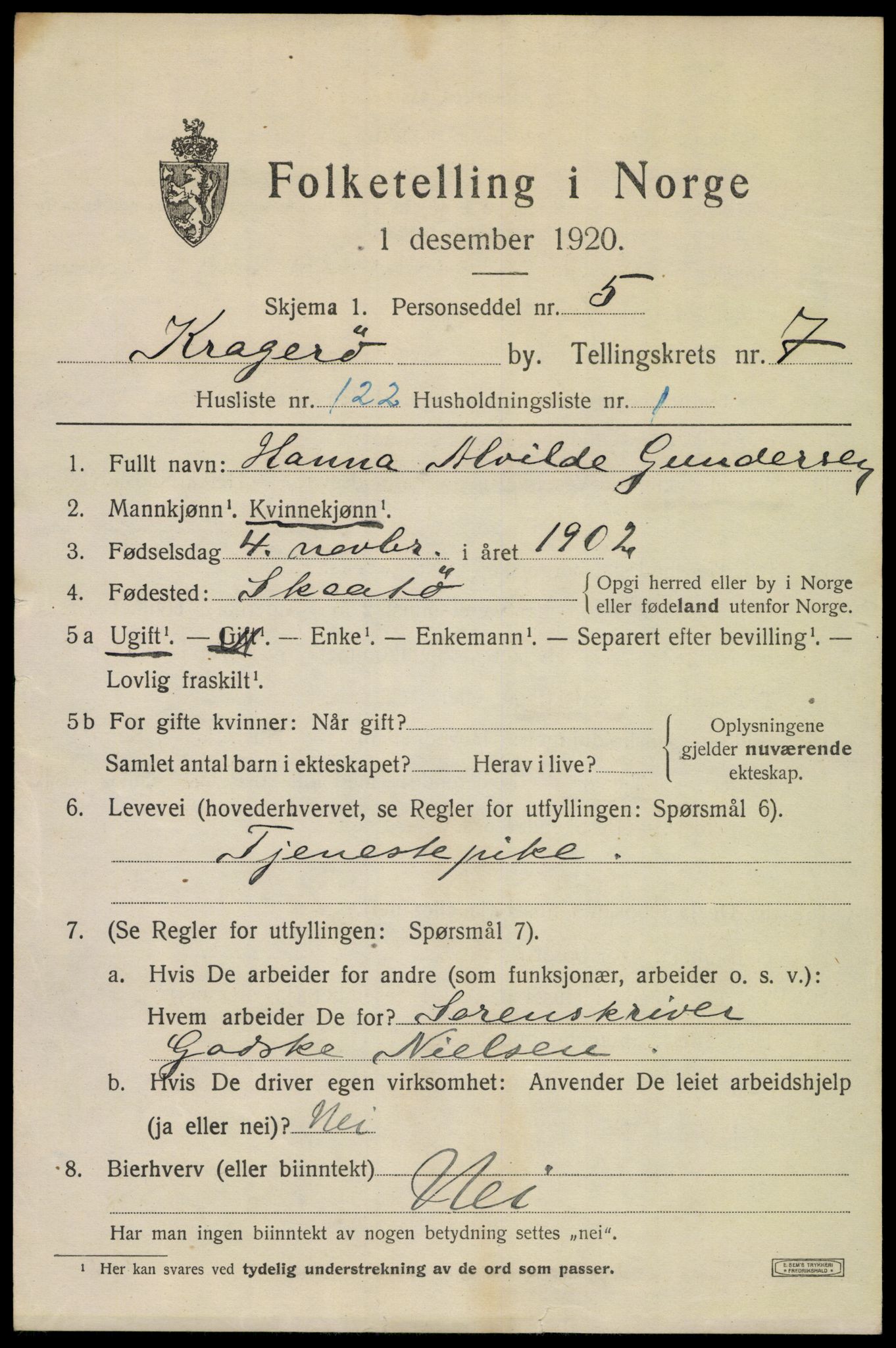 SAKO, 1920 census for Kragerø, 1920, p. 11101