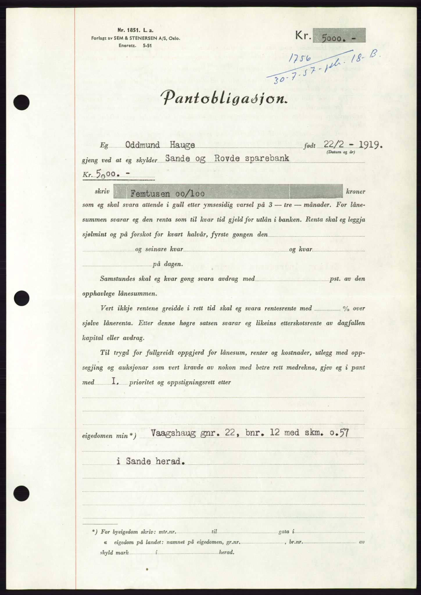 Søre Sunnmøre sorenskriveri, AV/SAT-A-4122/1/2/2C/L0130: Mortgage book no. 18B, 1957-1958, Diary no: : 1756/1957