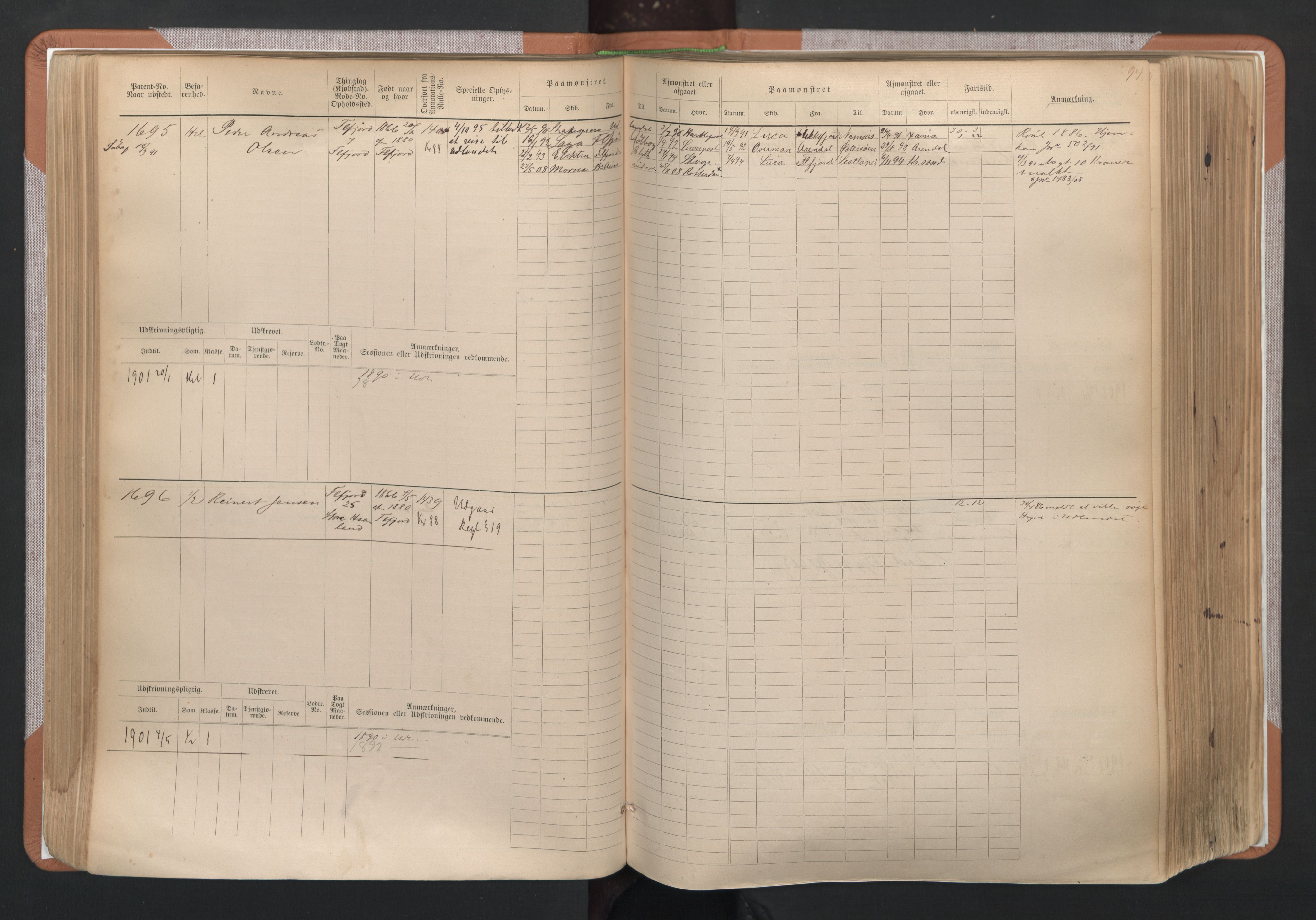 Flekkefjord mønstringskrets, SAK/2031-0018/F/Fb/L0003: Hovedrulle nr 1515-2326, N-6, 1885-1934, p. 95