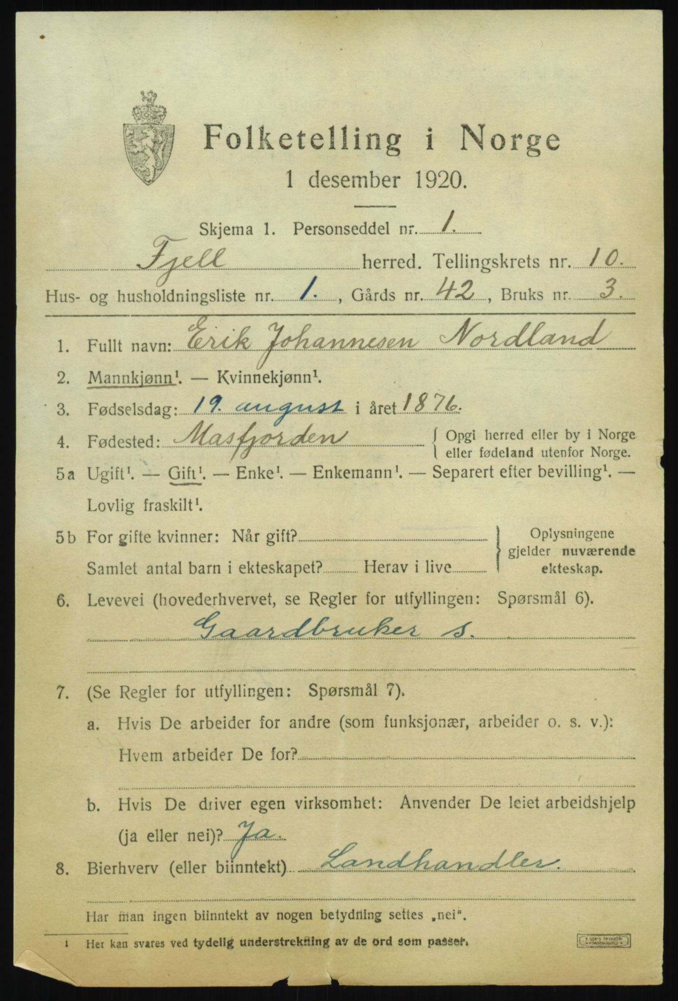 SAB, 1920 census for Fjell, 1920, p. 9030