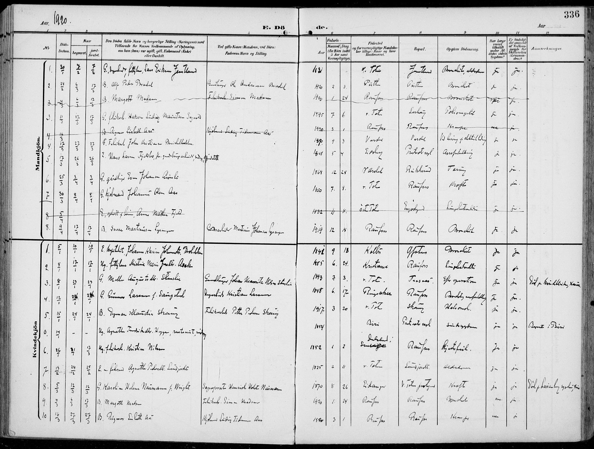 Vestre Toten prestekontor, AV/SAH-PREST-108/H/Ha/Haa/L0014: Parish register (official) no. 14, 1907-1920, p. 336