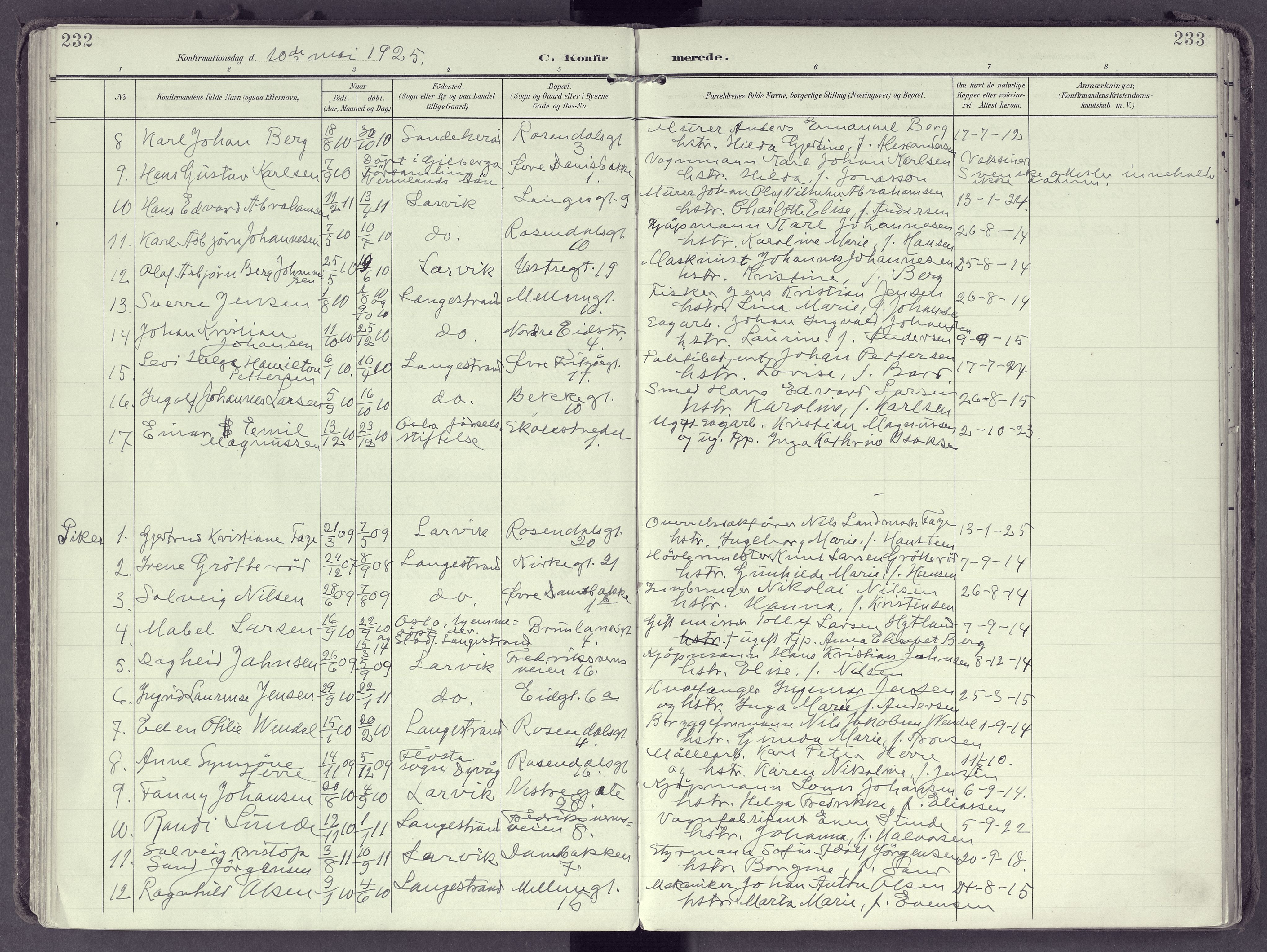 Larvik kirkebøker, AV/SAKO-A-352/F/Fb/L0005: Parish register (official) no. II 5, 1903-1925, p. 232-233