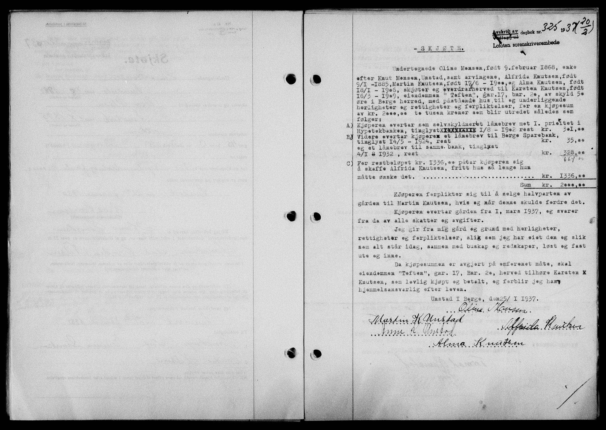 Lofoten sorenskriveri, SAT/A-0017/1/2/2C/L0001a: Mortgage book no. 1a, 1936-1937, Diary no: : 325/1937