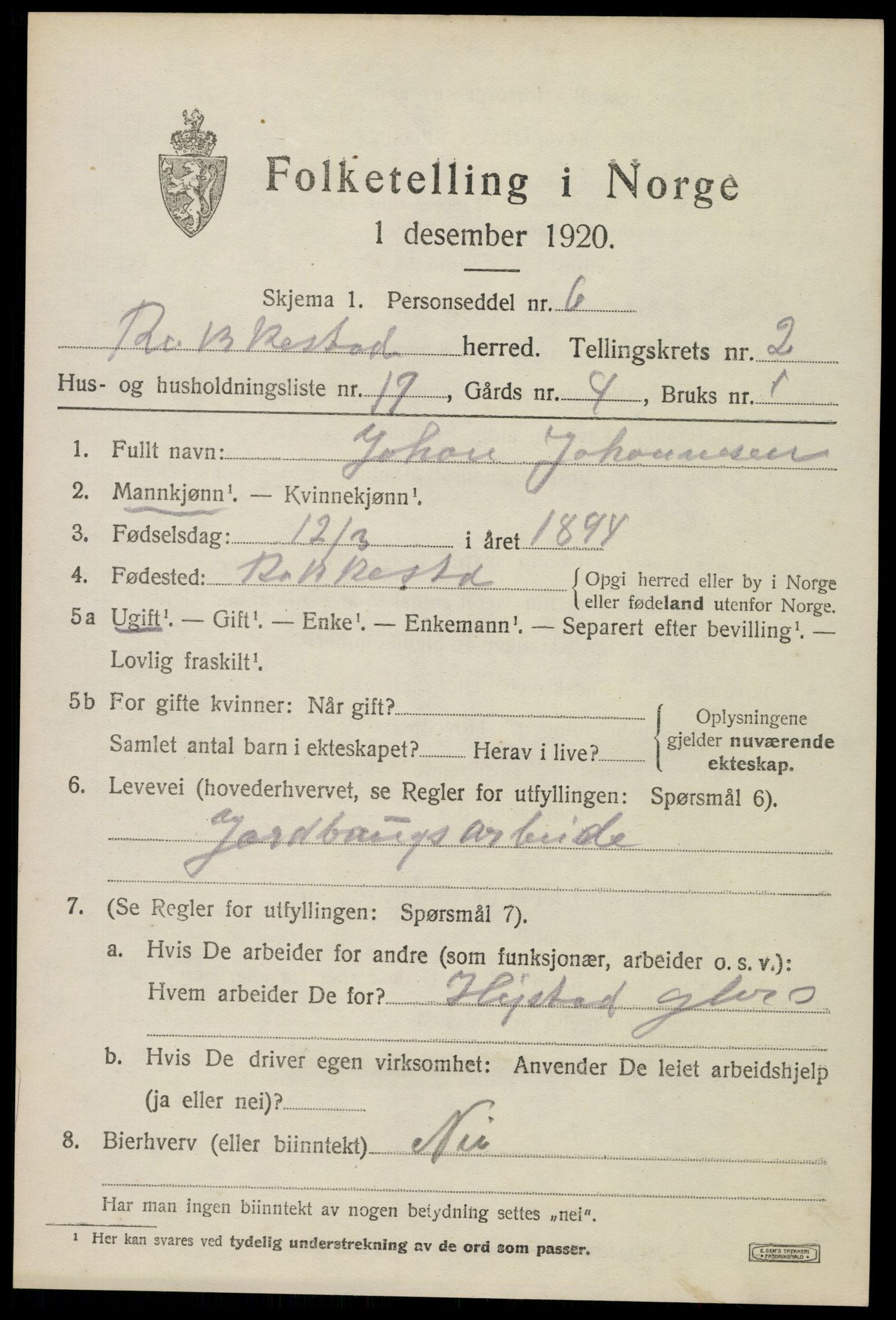 SAO, 1920 census for Rakkestad, 1920, p. 3611