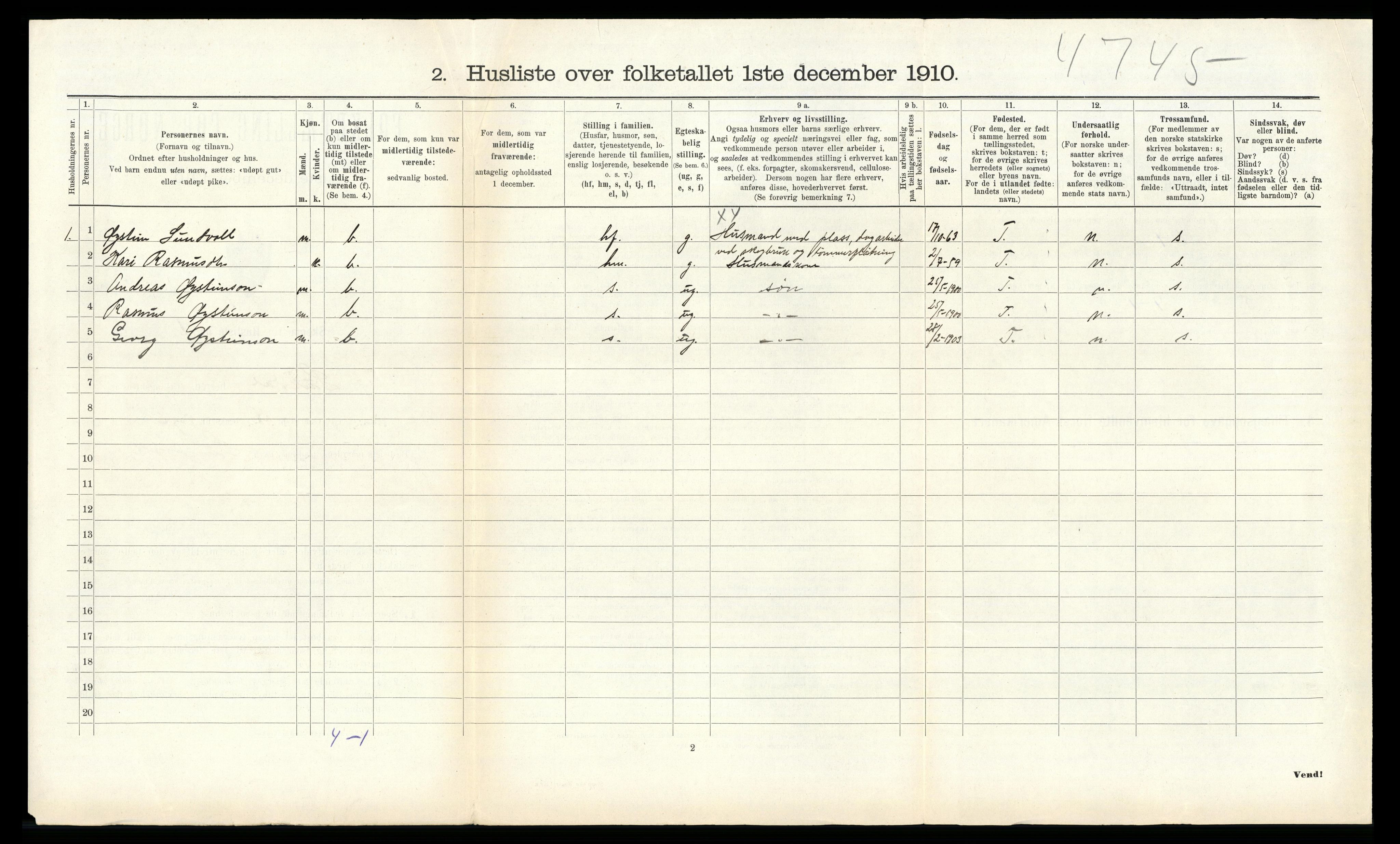 RA, 1910 census for Suldal, 1910, p. 196