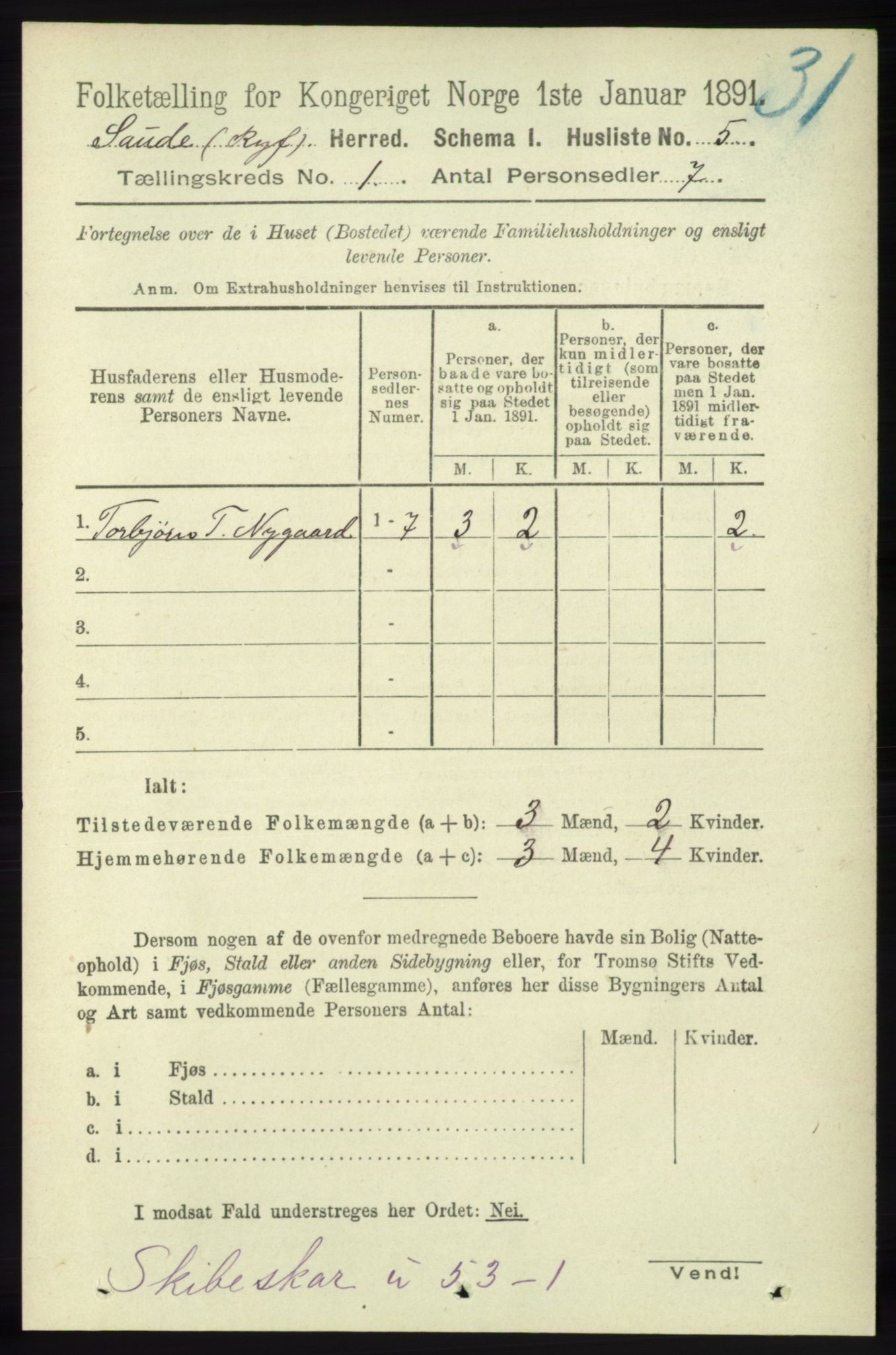 RA, 1891 census for 1135 Sauda, 1891, p. 22