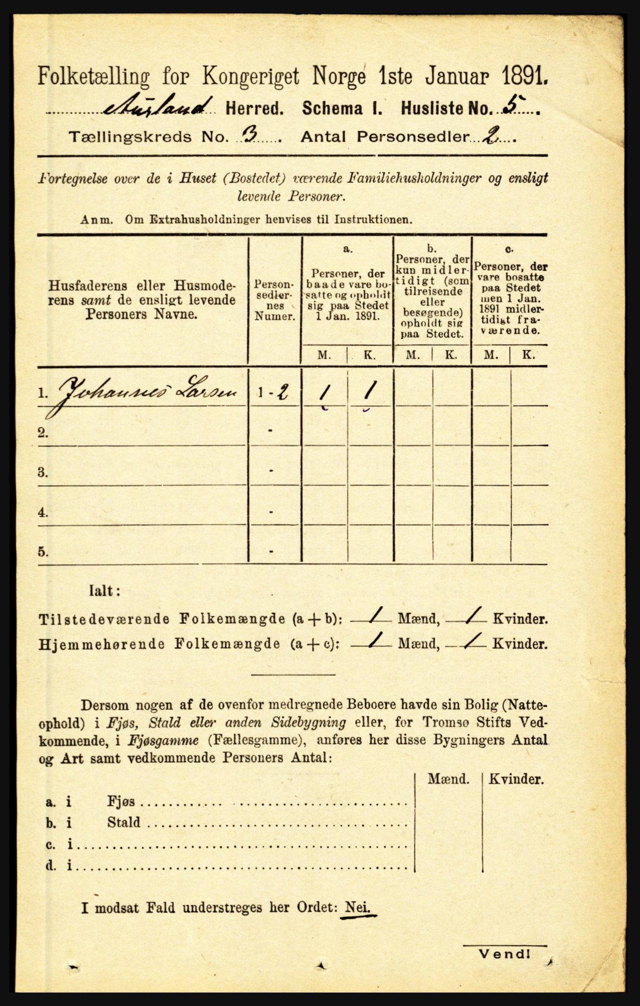 RA, 1891 census for 1421 Aurland, 1891, p. 881