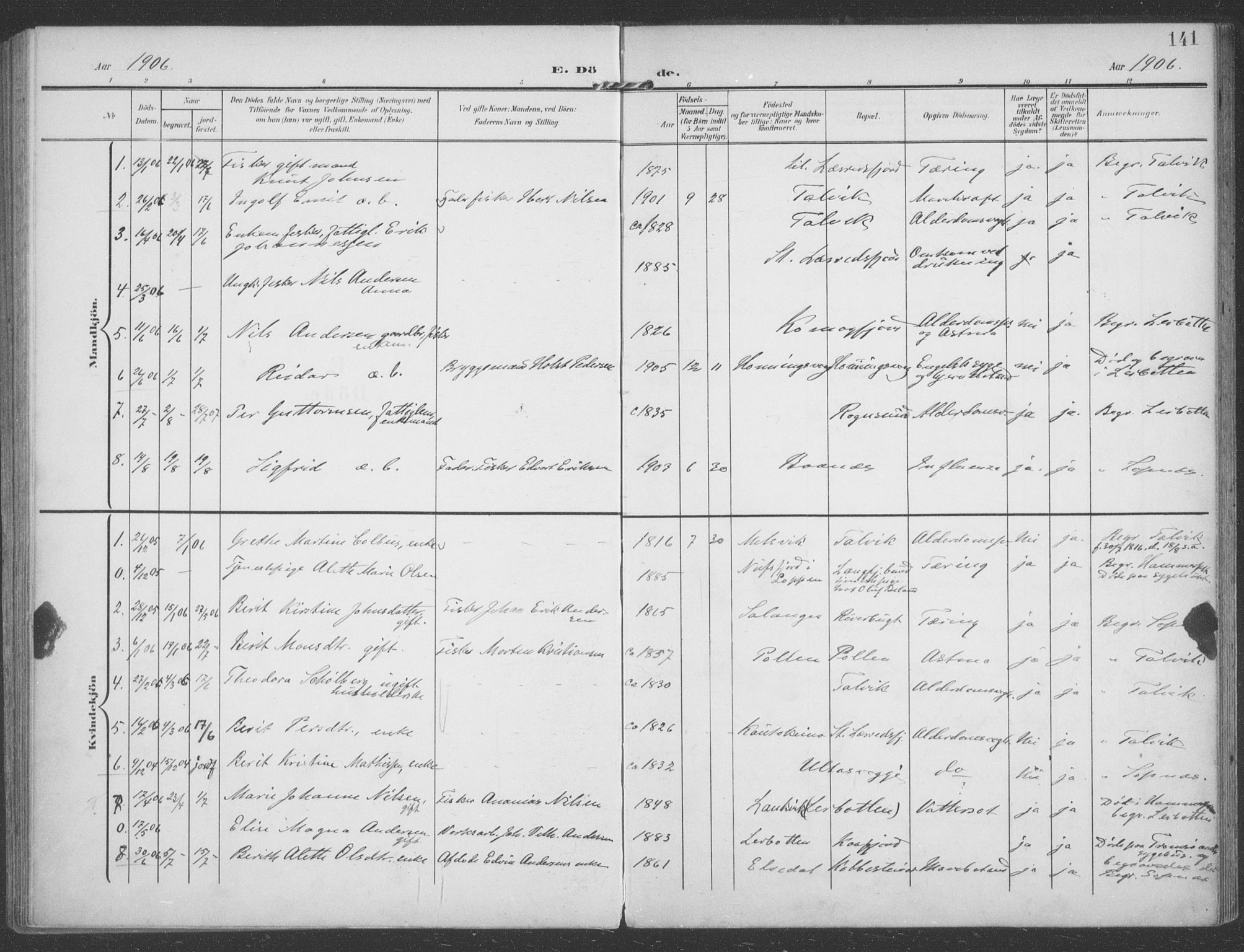 Talvik sokneprestkontor, SATØ/S-1337/H/Ha/L0017kirke: Parish register (official) no. 17, 1906-1915, p. 141