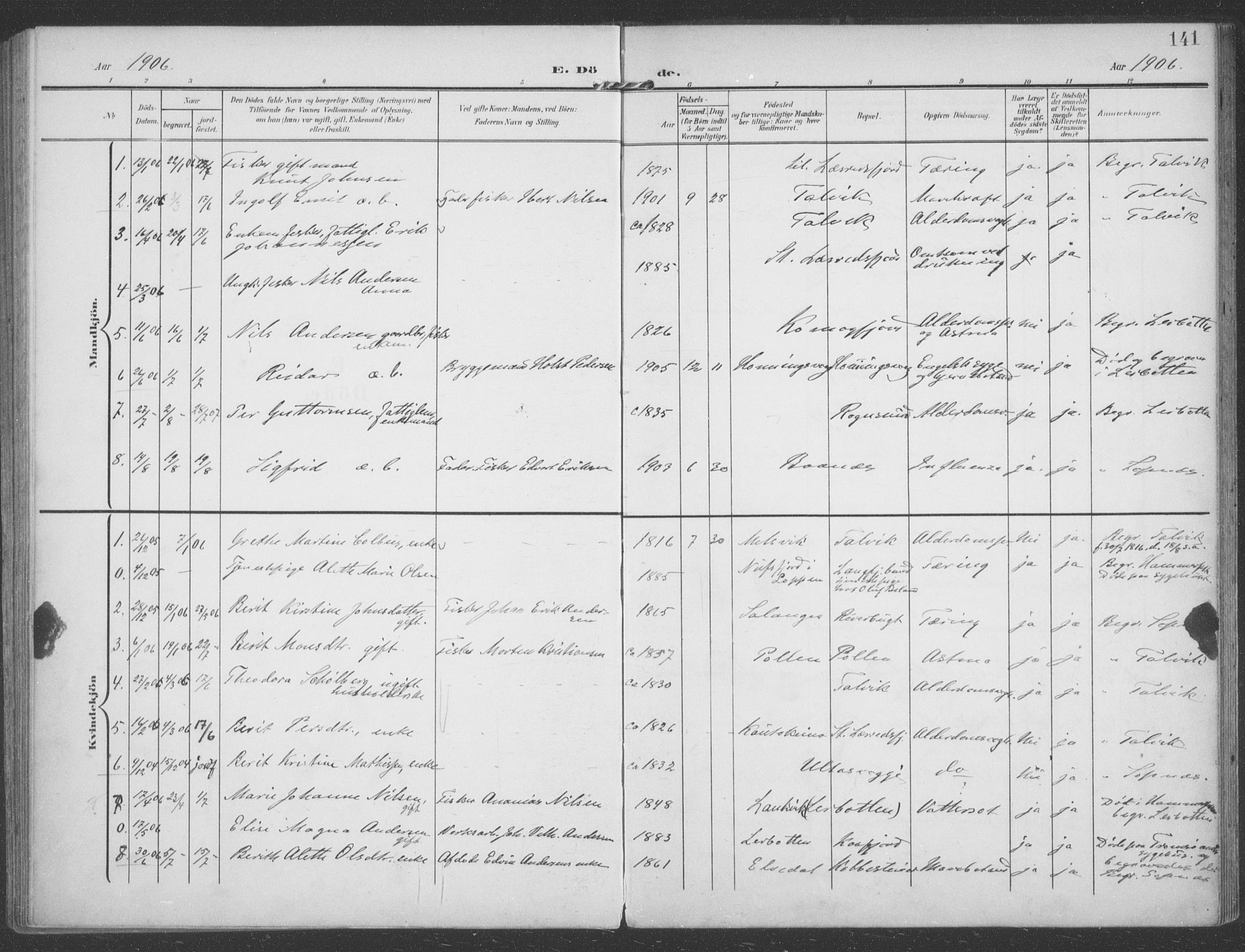 Talvik sokneprestkontor, AV/SATØ-S-1337/H/Ha/L0017kirke: Parish register (official) no. 17, 1906-1915, p. 141