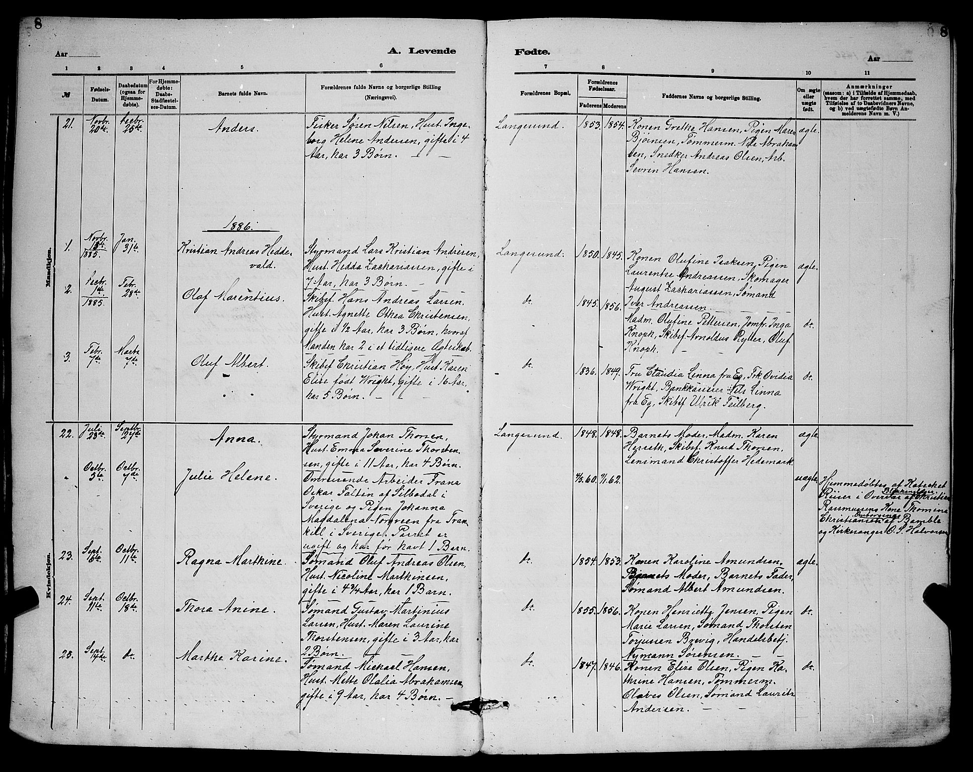 Langesund kirkebøker, SAKO/A-280/G/Ga/L0005: Parish register (copy) no. 5, 1884-1898, p. 8
