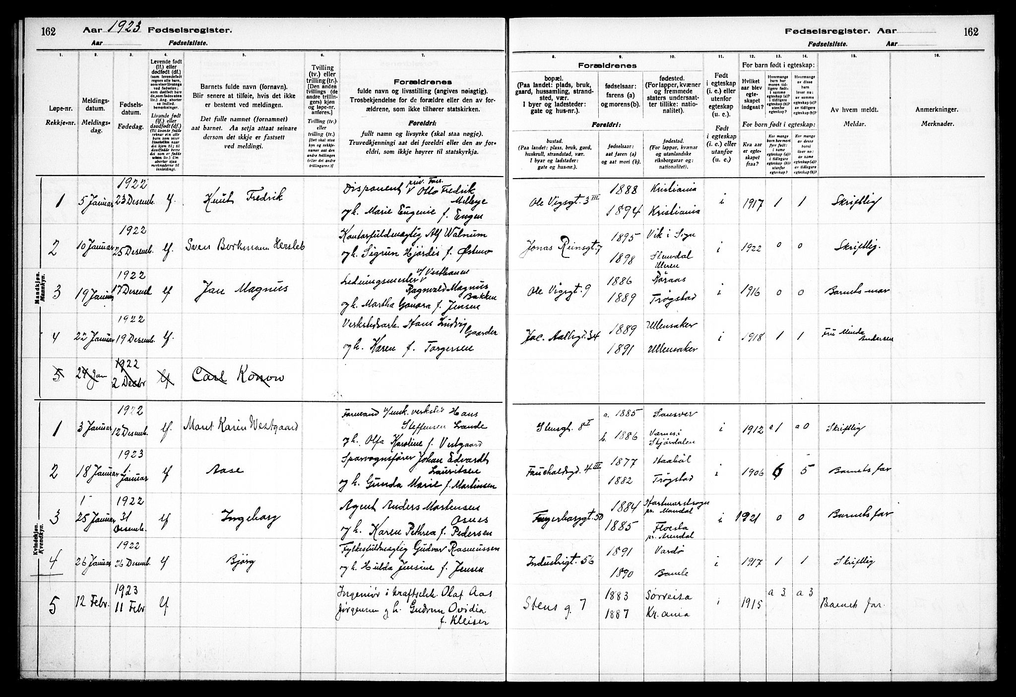 Fagerborg prestekontor Kirkebøker, AV/SAO-A-10844/J/Ja/L0001: Birth register no. 1, 1916-1925, p. 162