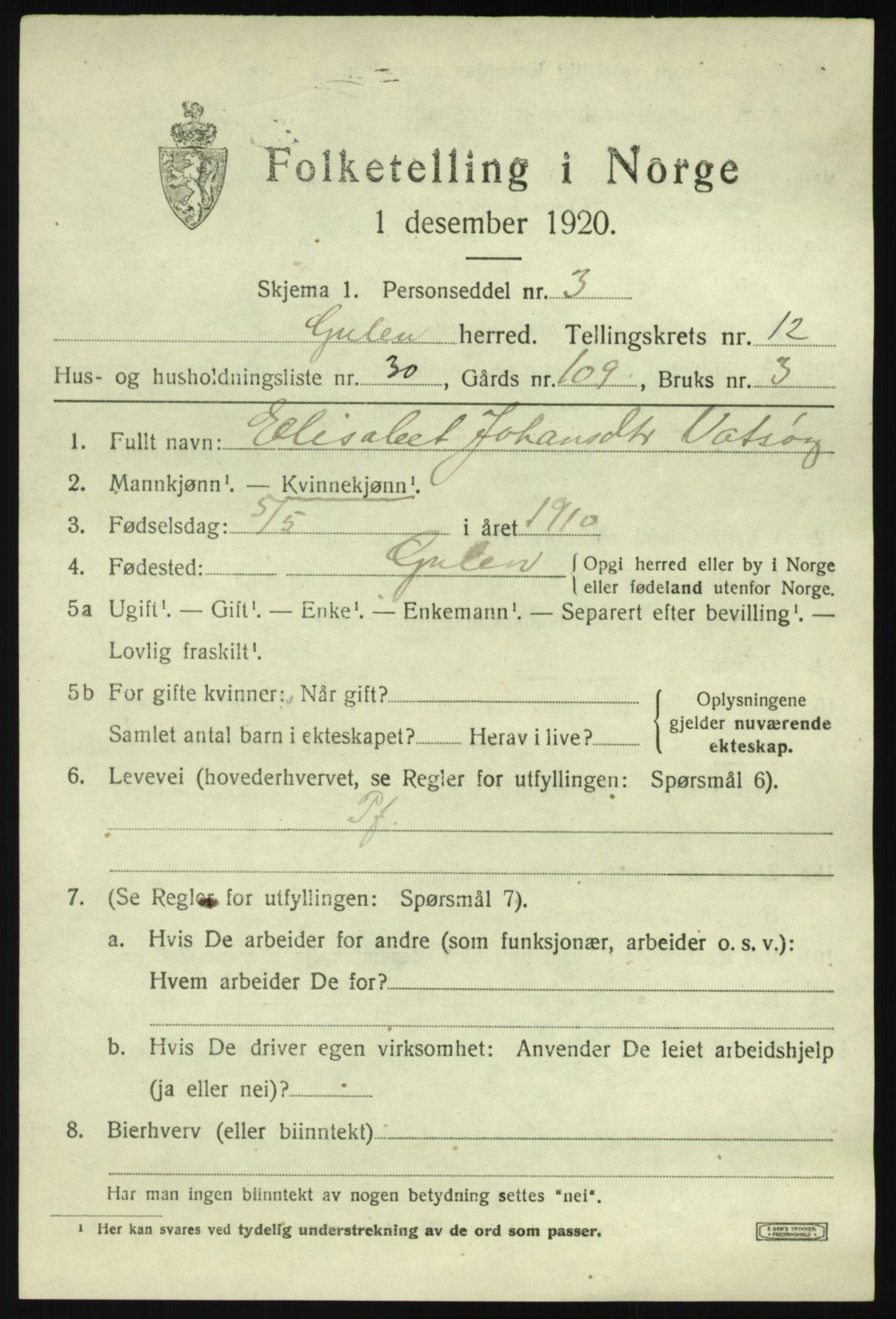 SAB, 1920 census for Gulen, 1920, p. 5787