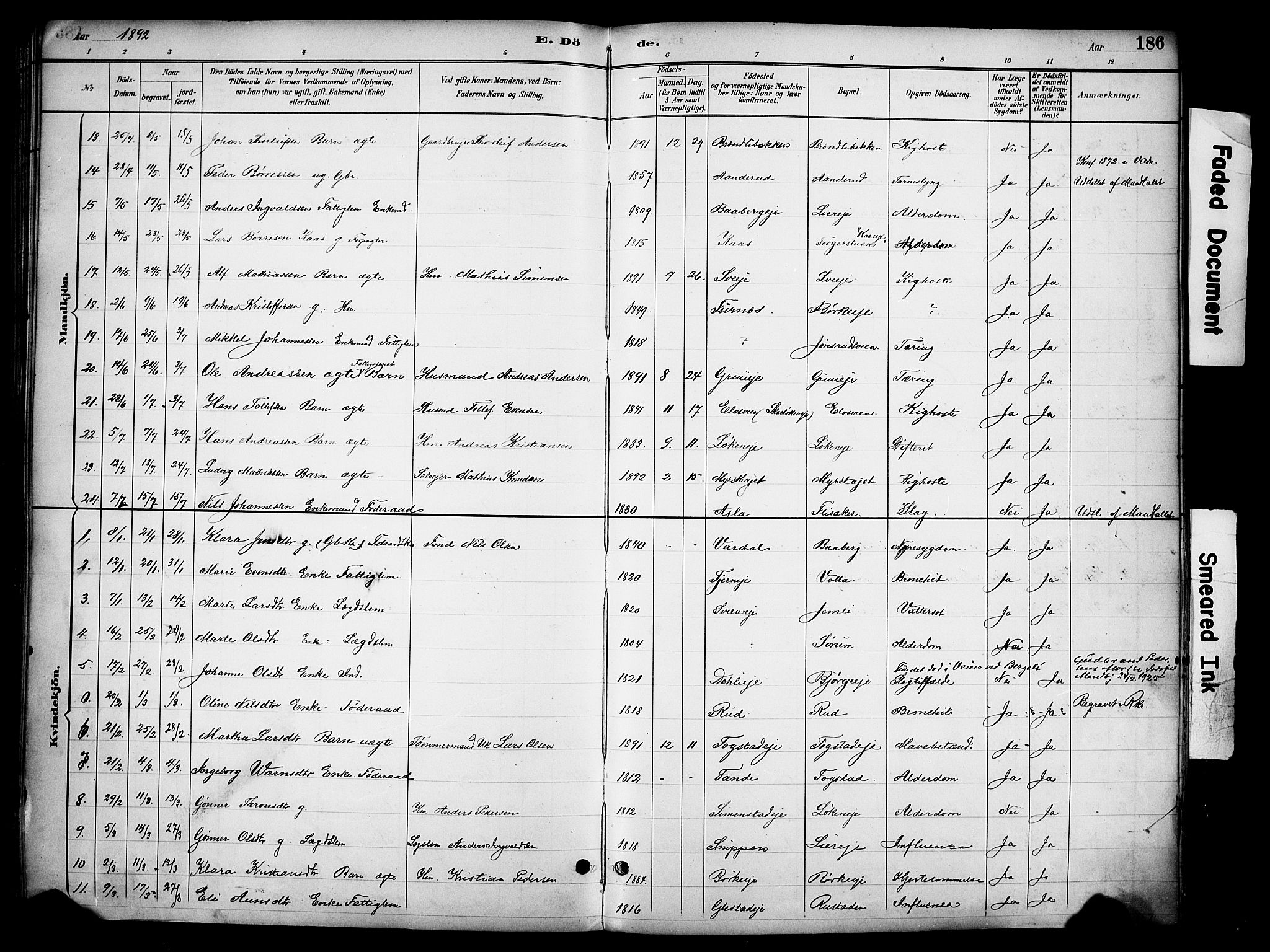Ringsaker prestekontor, SAH/PREST-014/K/Ka/L0016: Parish register (official) no. 16, 1891-1904, p. 186