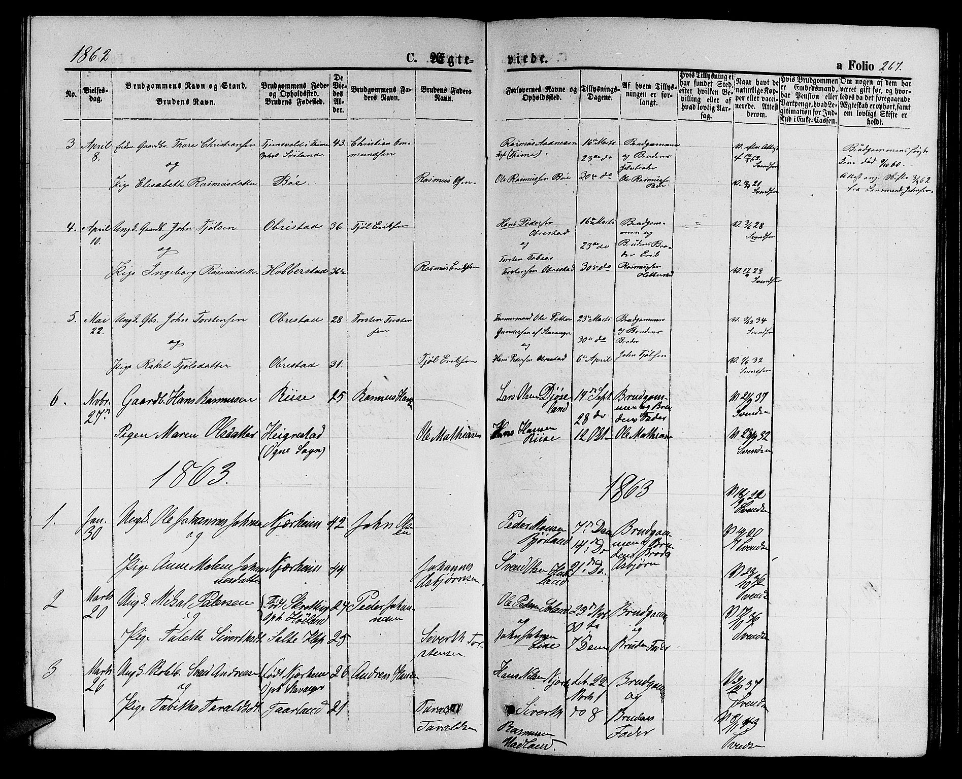 Hå sokneprestkontor, AV/SAST-A-101801/001/30BB/L0001: Parish register (copy) no. B 1, 1854-1883, p. 267