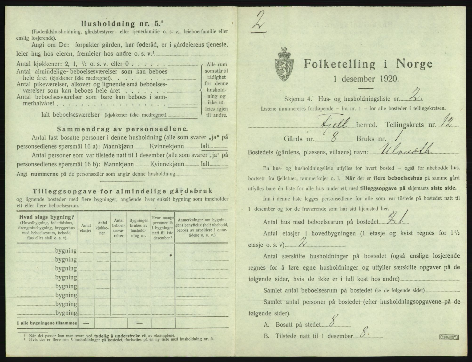 SAB, 1920 census for Fjell, 1920, p. 1332