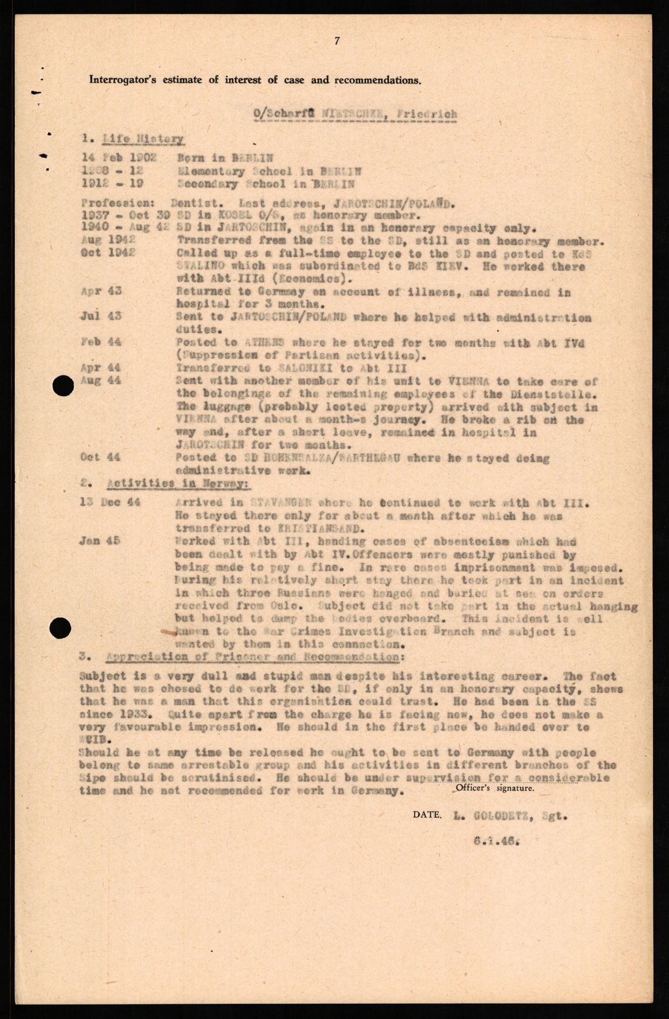 Forsvaret, Forsvarets overkommando II, AV/RA-RAFA-3915/D/Db/L0024: CI Questionaires. Tyske okkupasjonsstyrker i Norge. Tyskere., 1945-1946, p. 187