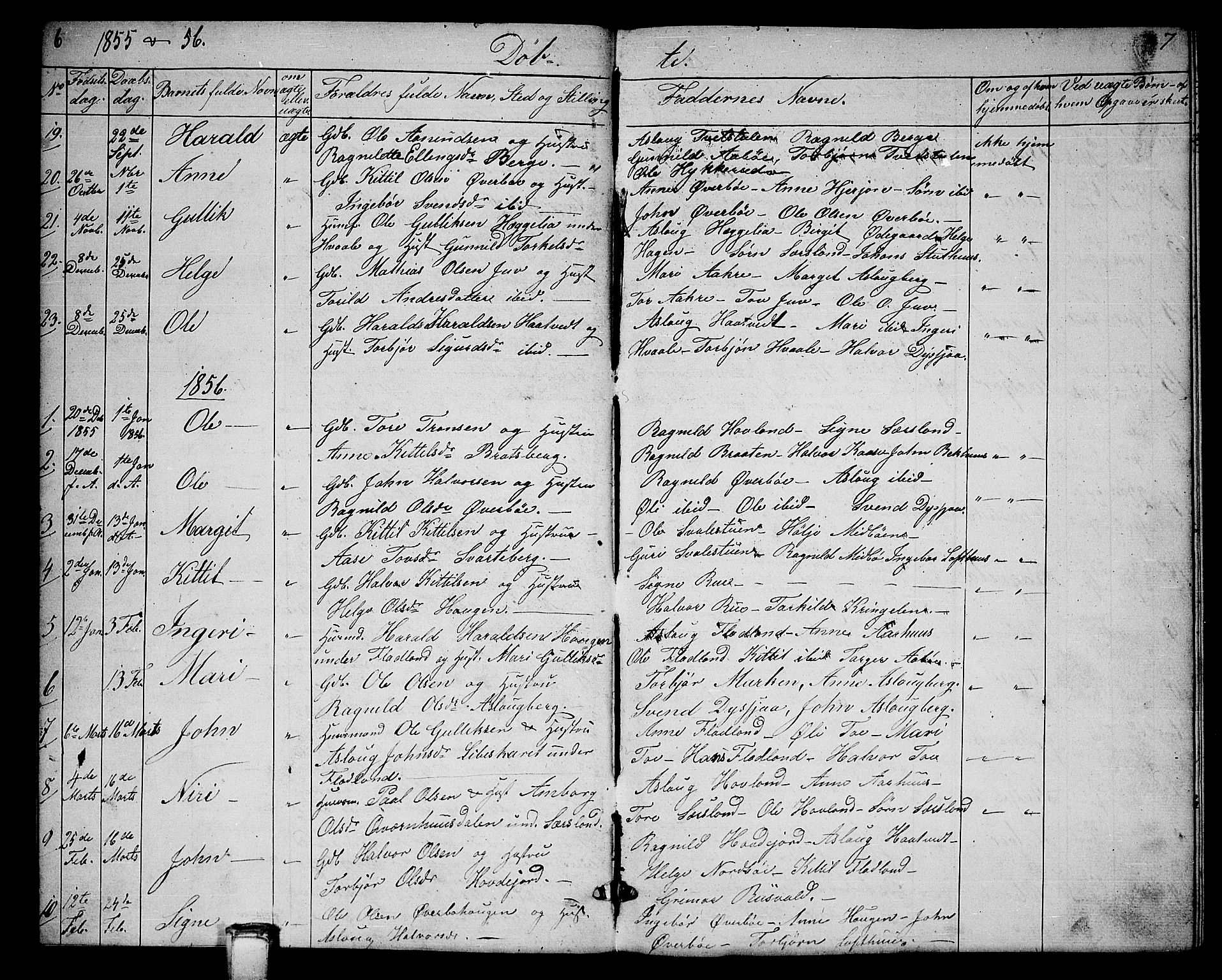 Hjartdal kirkebøker, SAKO/A-270/G/Ga/L0002: Parish register (copy) no. I 2, 1854-1888, p. 6-7