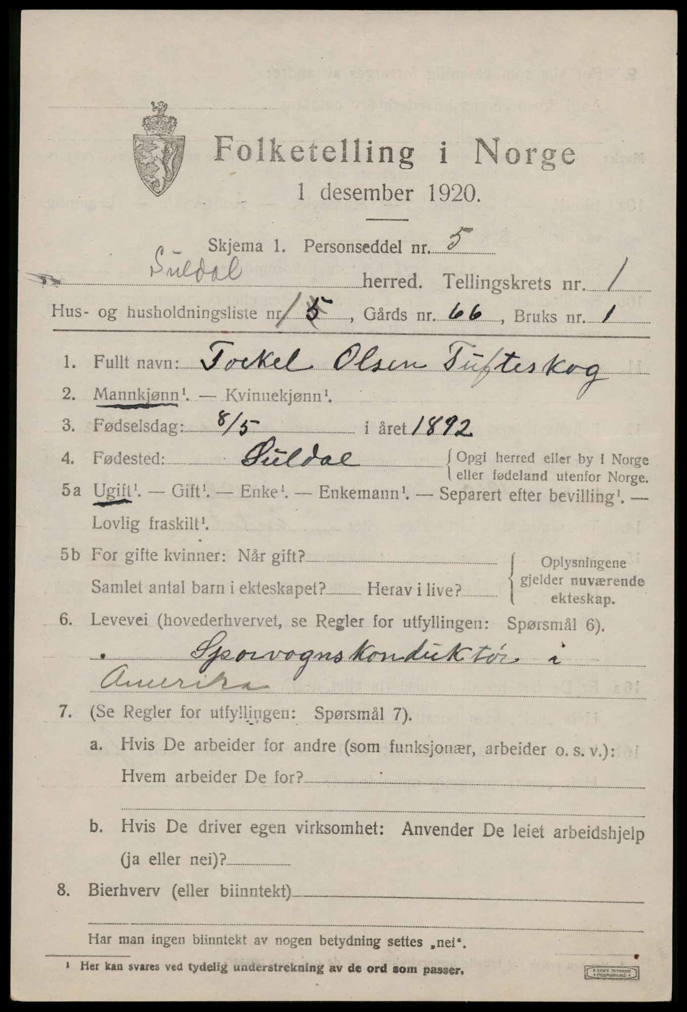 SAST, 1920 census for Suldal, 1920, p. 702