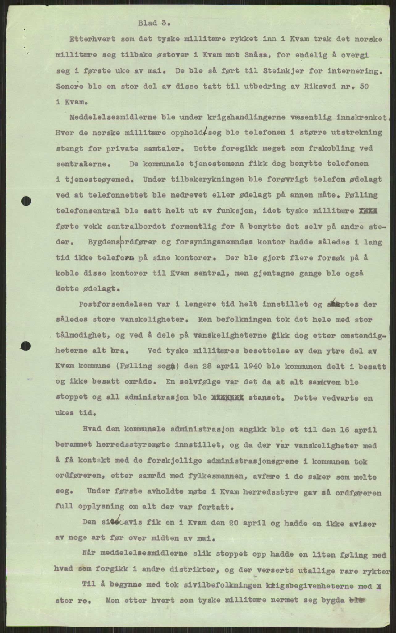 Forsvaret, Forsvarets krigshistoriske avdeling, AV/RA-RAFA-2017/Y/Ya/L0016: II-C-11-31 - Fylkesmenn.  Rapporter om krigsbegivenhetene 1940., 1940, p. 492