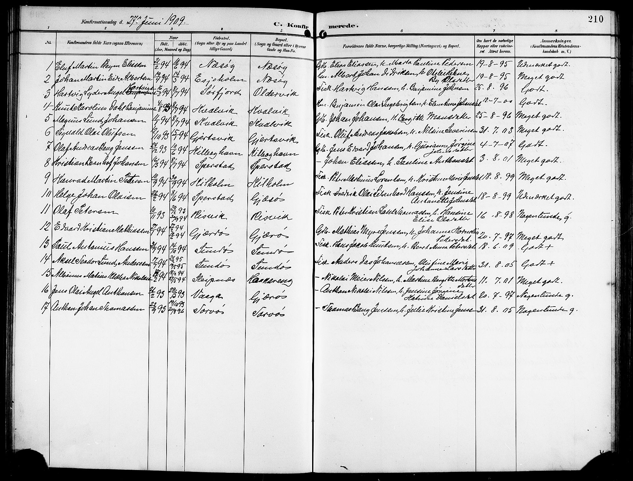 Ministerialprotokoller, klokkerbøker og fødselsregistre - Nordland, AV/SAT-A-1459/841/L0621: Parish register (copy) no. 841C05, 1897-1923, p. 210