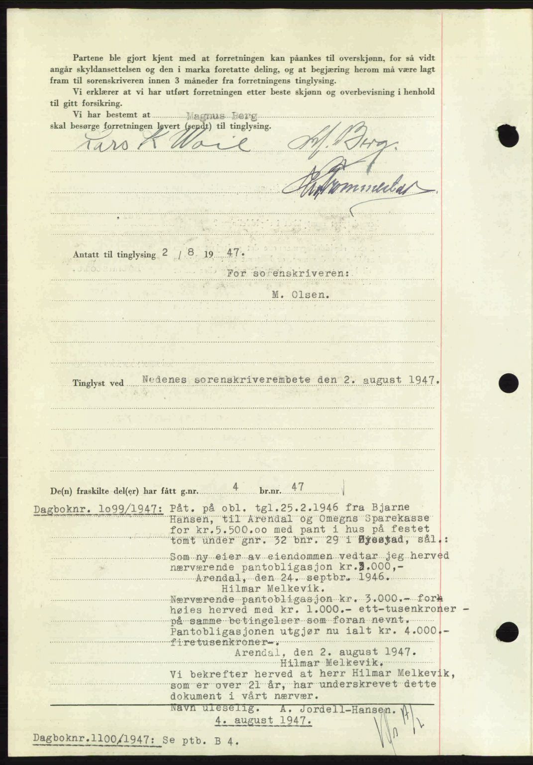 Nedenes sorenskriveri, AV/SAK-1221-0006/G/Gb/Gba/L0057: Mortgage book no. A9, 1947-1947, Diary no: : 1098/1947