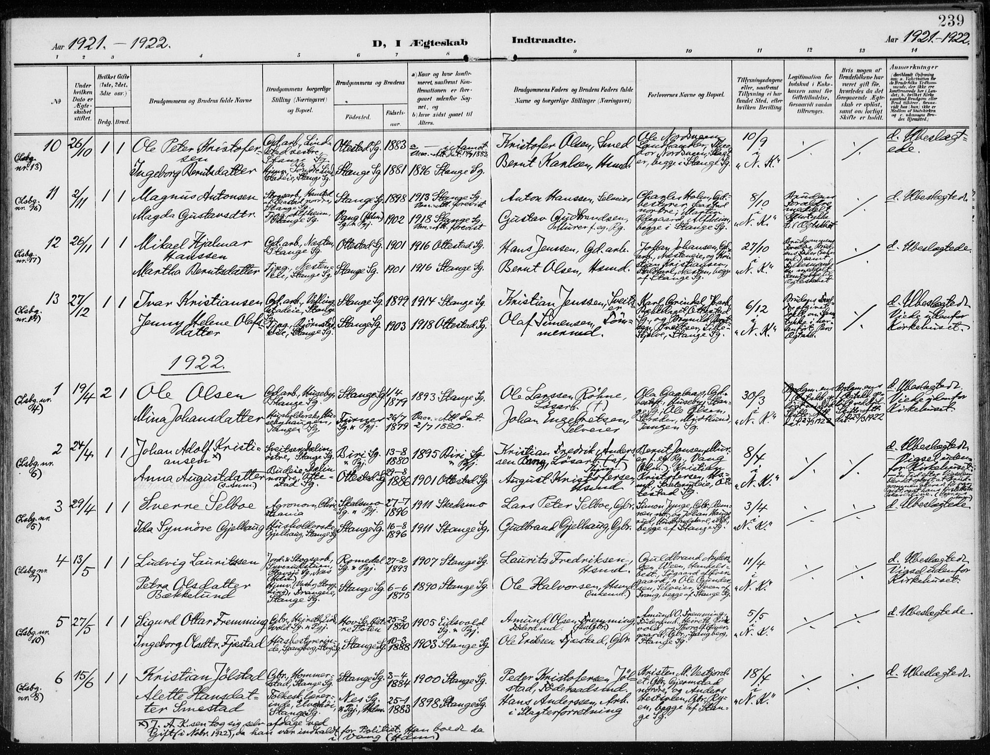Stange prestekontor, SAH/PREST-002/K/L0024: Parish register (official) no. 24, 1906-1922, p. 239