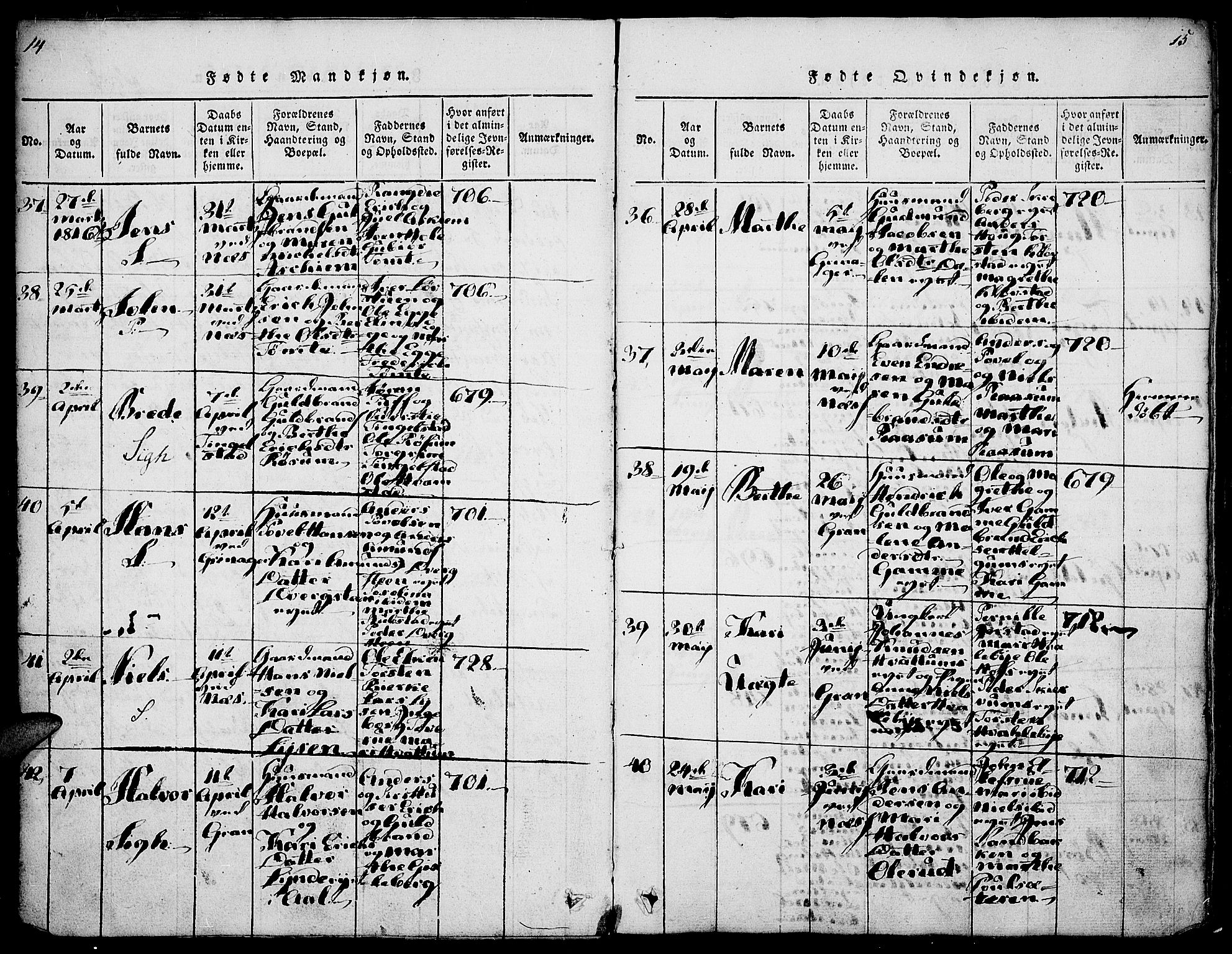 Gran prestekontor, SAH/PREST-112/H/Ha/Haa/L0009: Parish register (official) no. 9, 1815-1824, p. 14-15