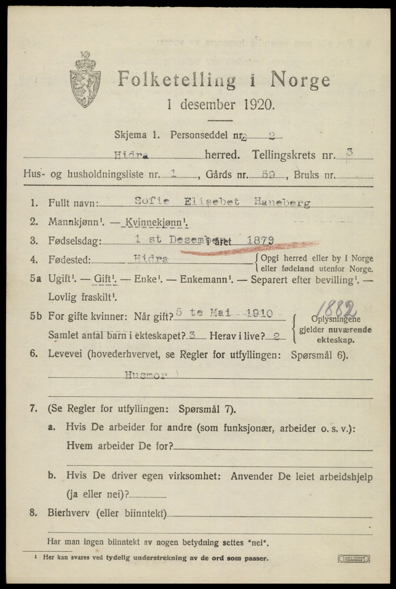 SAK, 1920 census for Hidra, 1920, p. 1542