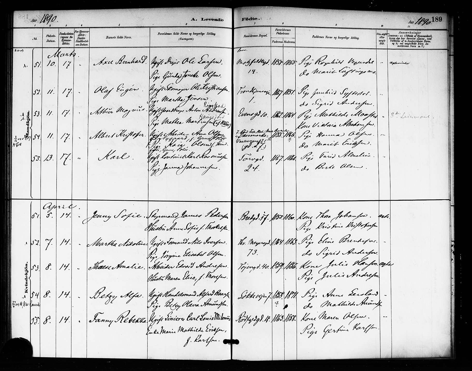 Rikshospitalet prestekontor Kirkebøker, AV/SAO-A-10309b/F/L0007: Parish register (official) no. 7, 1885-1890, p. 189