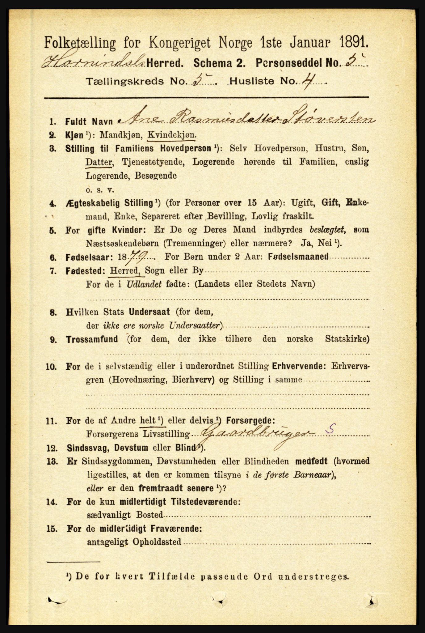 RA, 1891 census for 1444 Hornindal, 1891, p. 1160