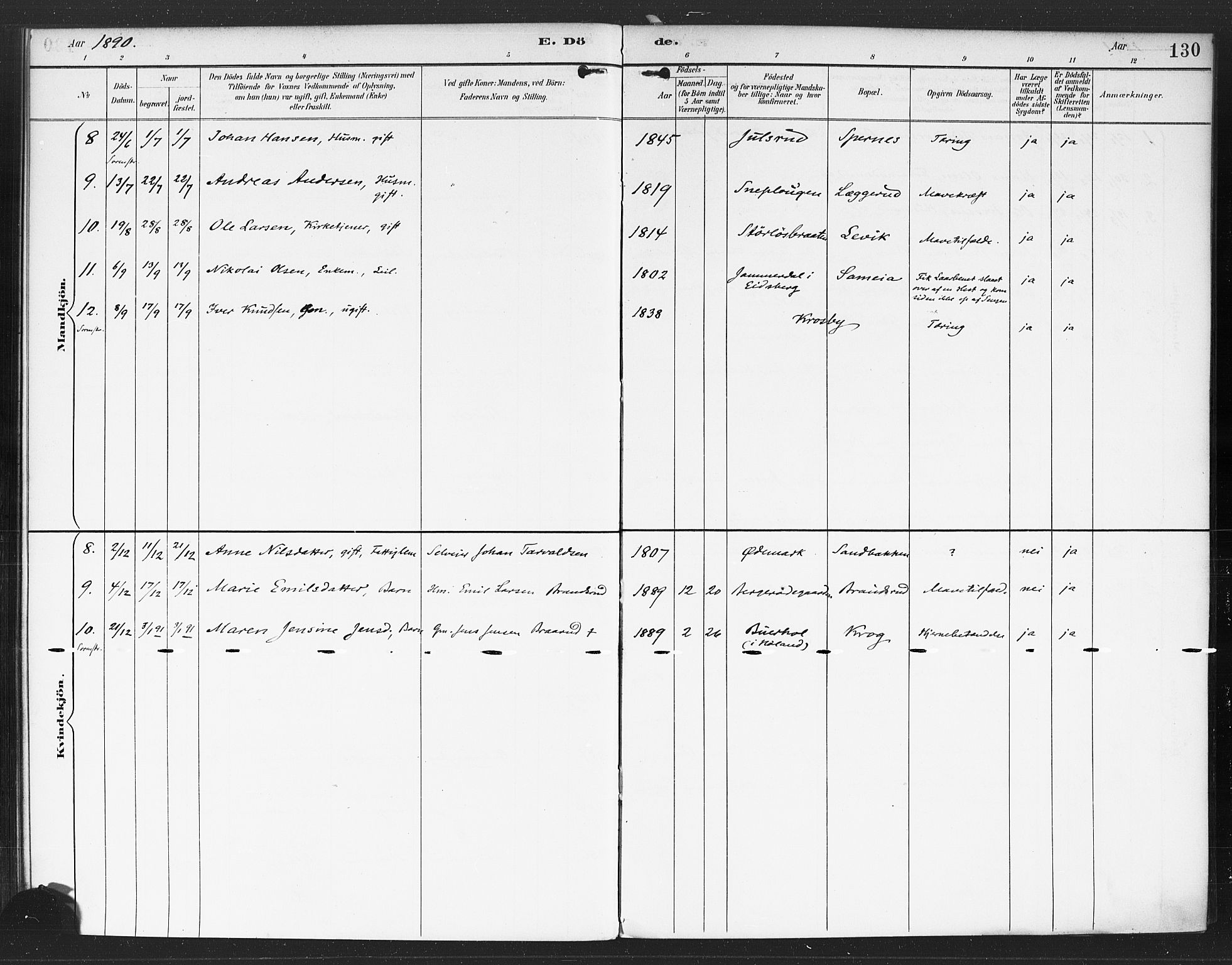 Rødenes prestekontor Kirkebøker, AV/SAO-A-2005/F/Fa/L0010: Parish register (official) no. I 10, 1890-1900, p. 130