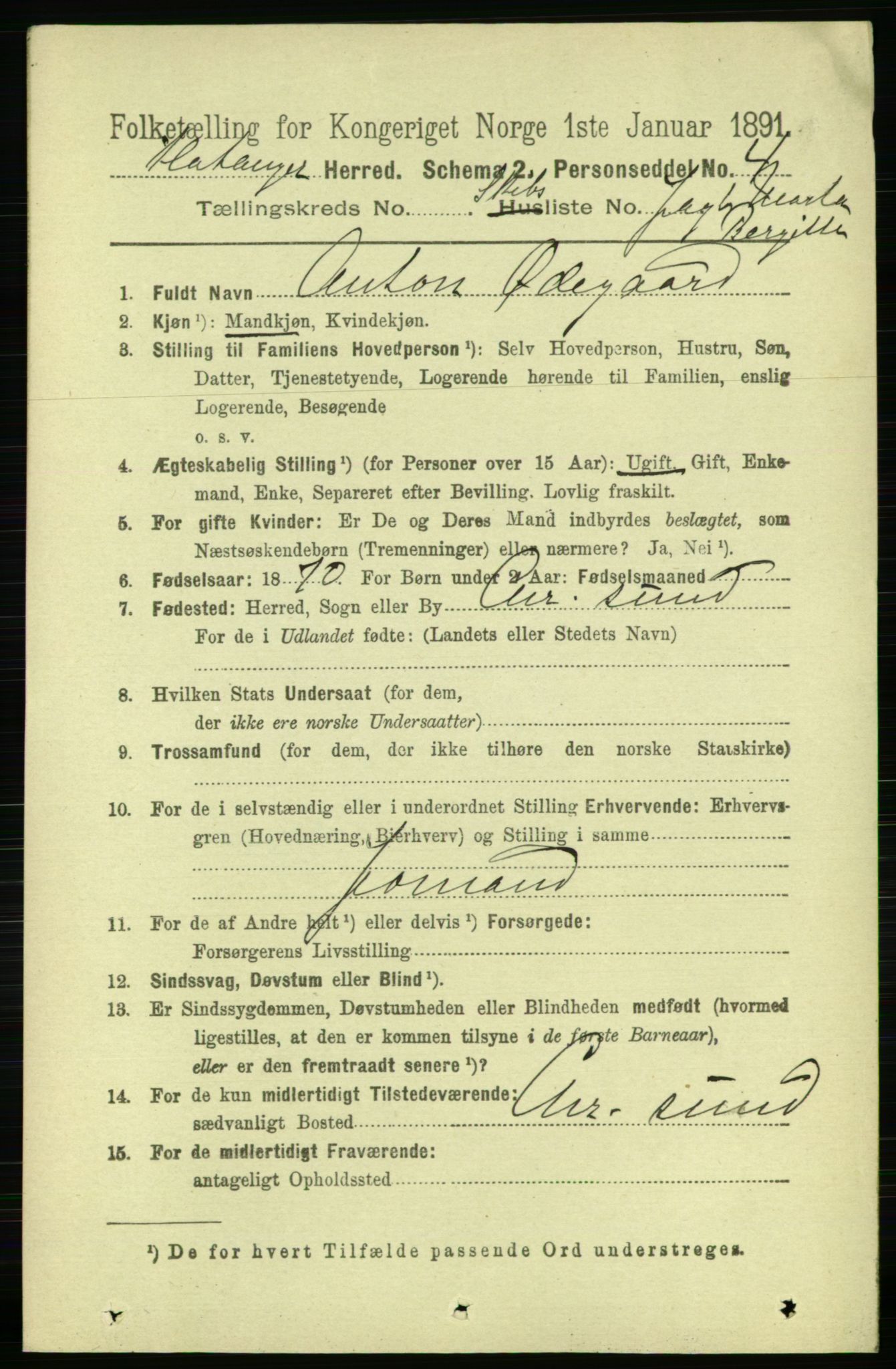 RA, 1891 census for 1749 Flatanger, 1891, p. 2210